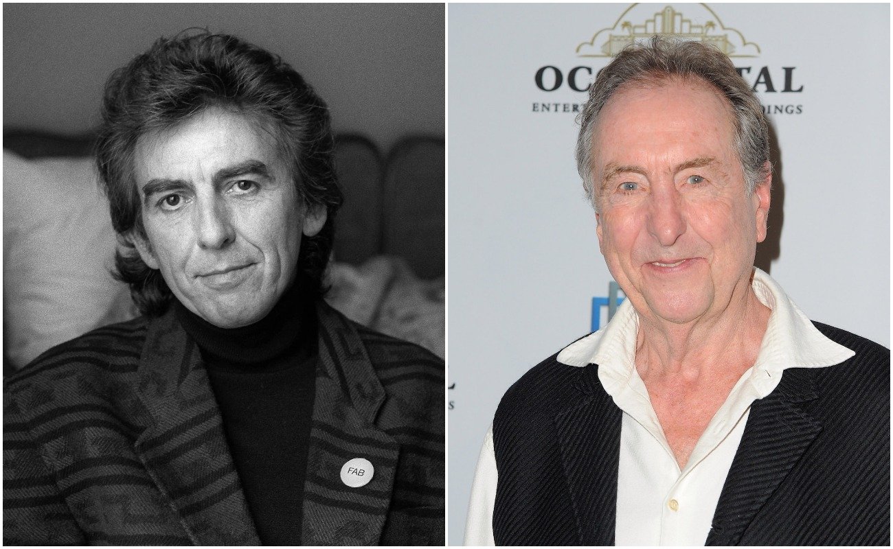 George Harrison in a grey suit and Eric Idle in black and white suit.