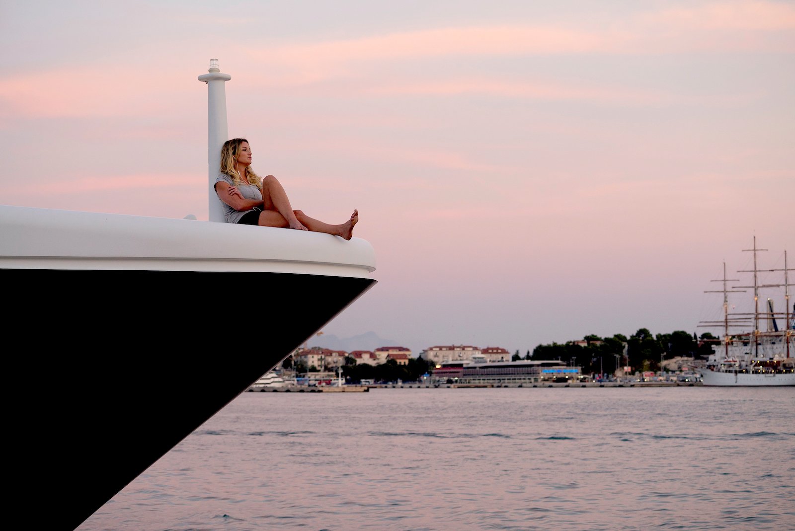 Hannah Ferrier sits on the bow of a superyacht on 'Below Deck Med'