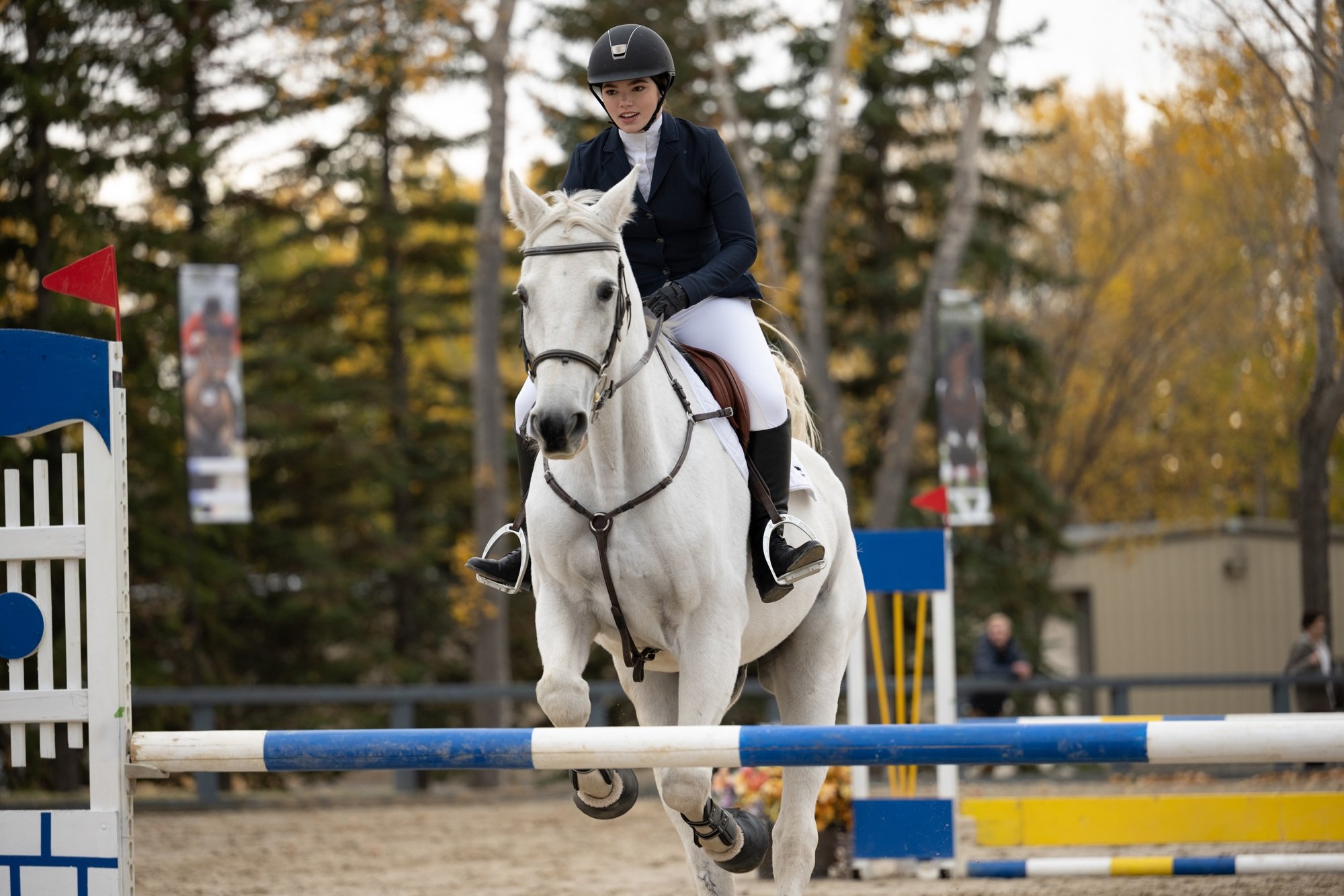 Georgie rides a white horse in a jumping event in 'Heartland'
