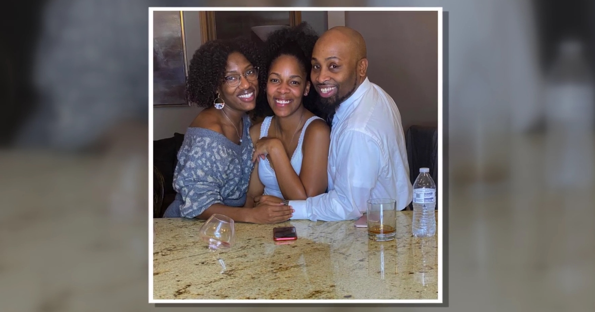 India, Taryn, and Marcus Epps are pictured in a personal photo of themselves smiling in a kitchen drinking wine together on 'Seeking Sister Wife' Season 4 on TLC.
