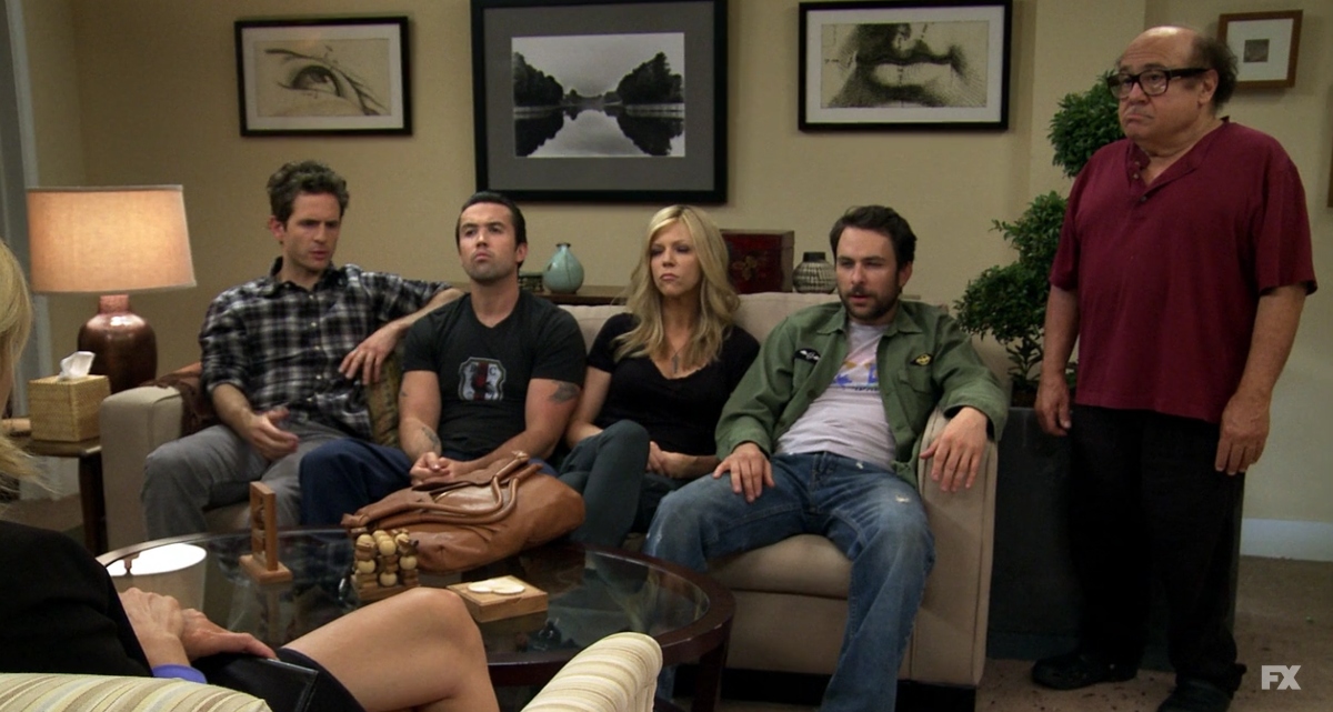 Dennis Reynolds, Mac, Dee Reynolds, Charlie Kelly, and Frank Reynolds in 'The Gang Gets Analyzed' on 'It's Alway Sunny in Philadelphia' on FX.
