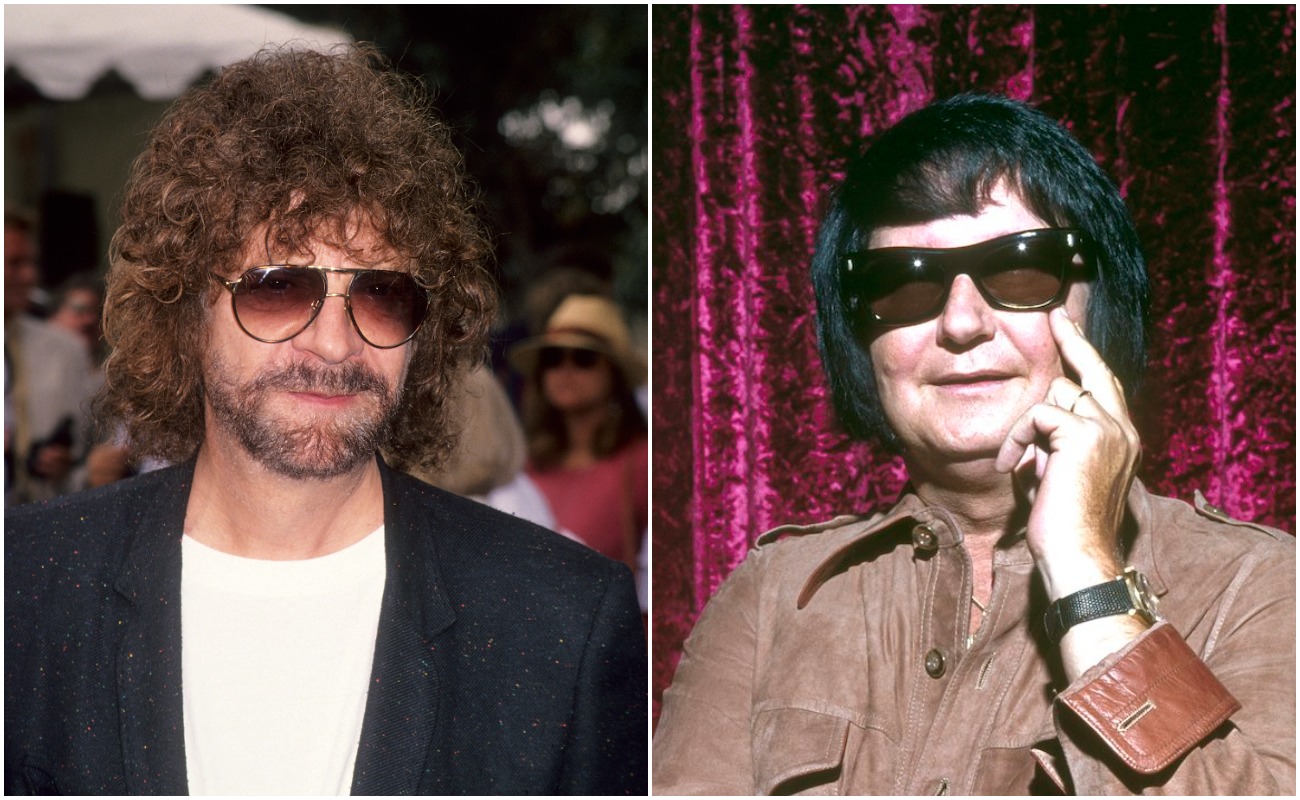 Jeff Lynne at an event in 1994 and Roy Orbison in a tan outfit in 1977.