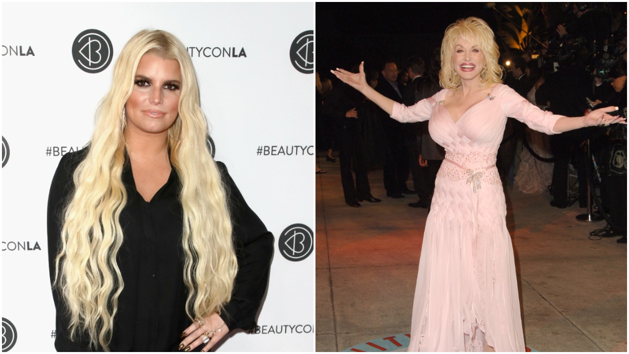 Jessica Simpson wears a black shirt and stands in front of a white background. Dolly Parton wears a pink dress and holds her arms out wide.