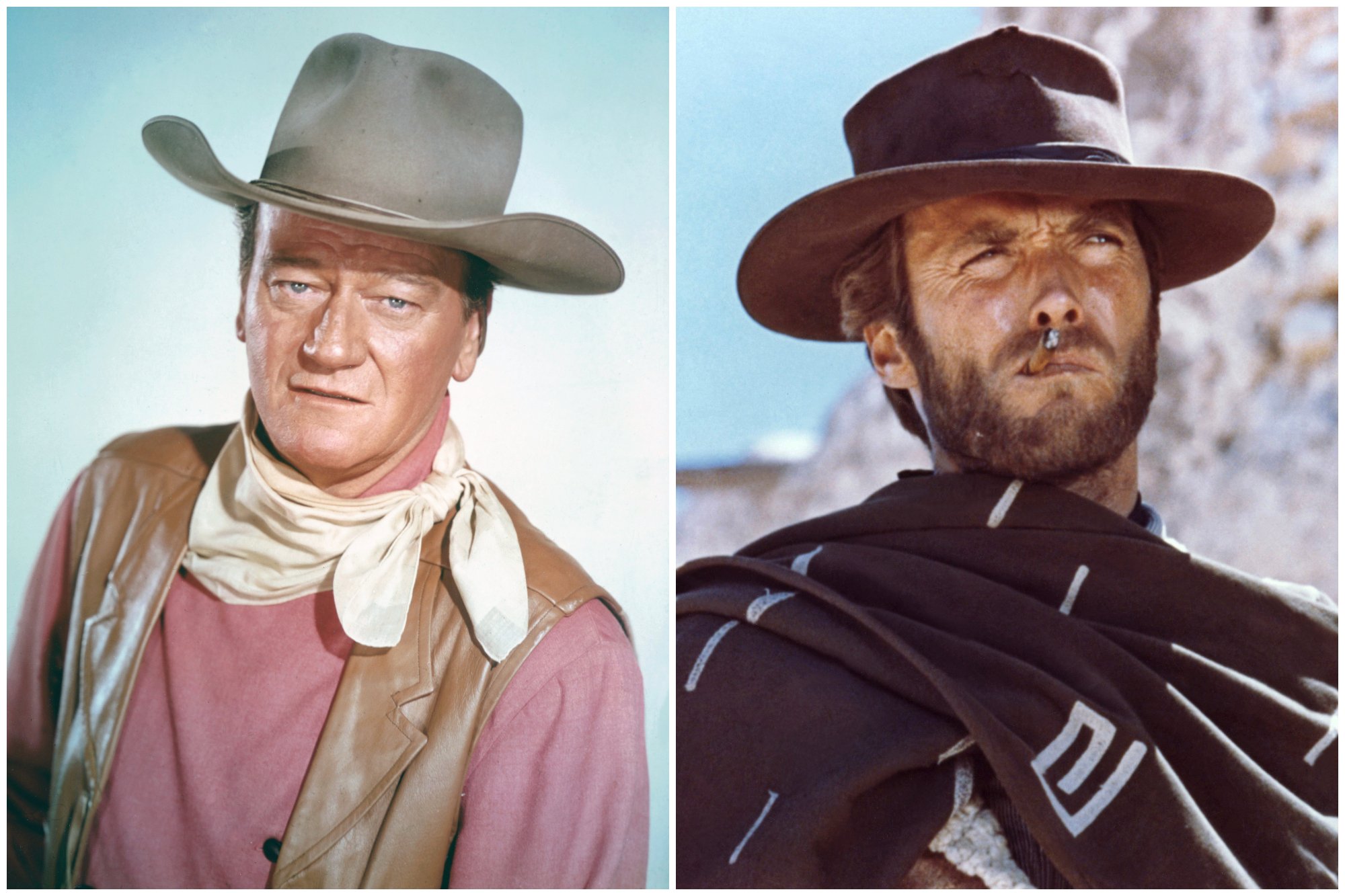 John Wayne and Clint Eastwood as Monco in 'For a Few Dollars More' wearing Western cowboy costumes in a collage