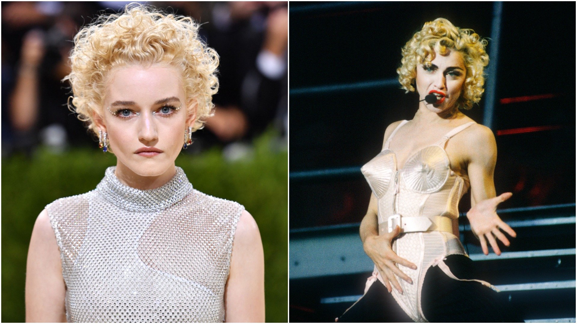 Side-by-side photos of Julia Garner in silver and with curly hair at the 2021 Met Gala and Madonna performing during her Blonde Ambition tour