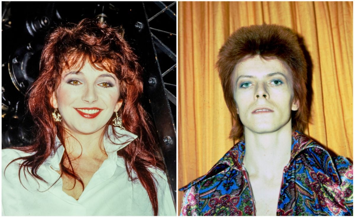 Kate Bush promoting her new album 'Hounds of Love' at London Planetarium in 1985. David Bowie posing as Ziggy Stardust in 1973.