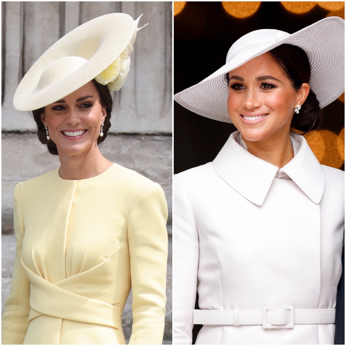 Kate Middleton, who an expert says appeared 'in step' with Meghan Markle, looks on; Meghan Markle looks on at St. Paul's Cathedral for a Platinum Jubilee service