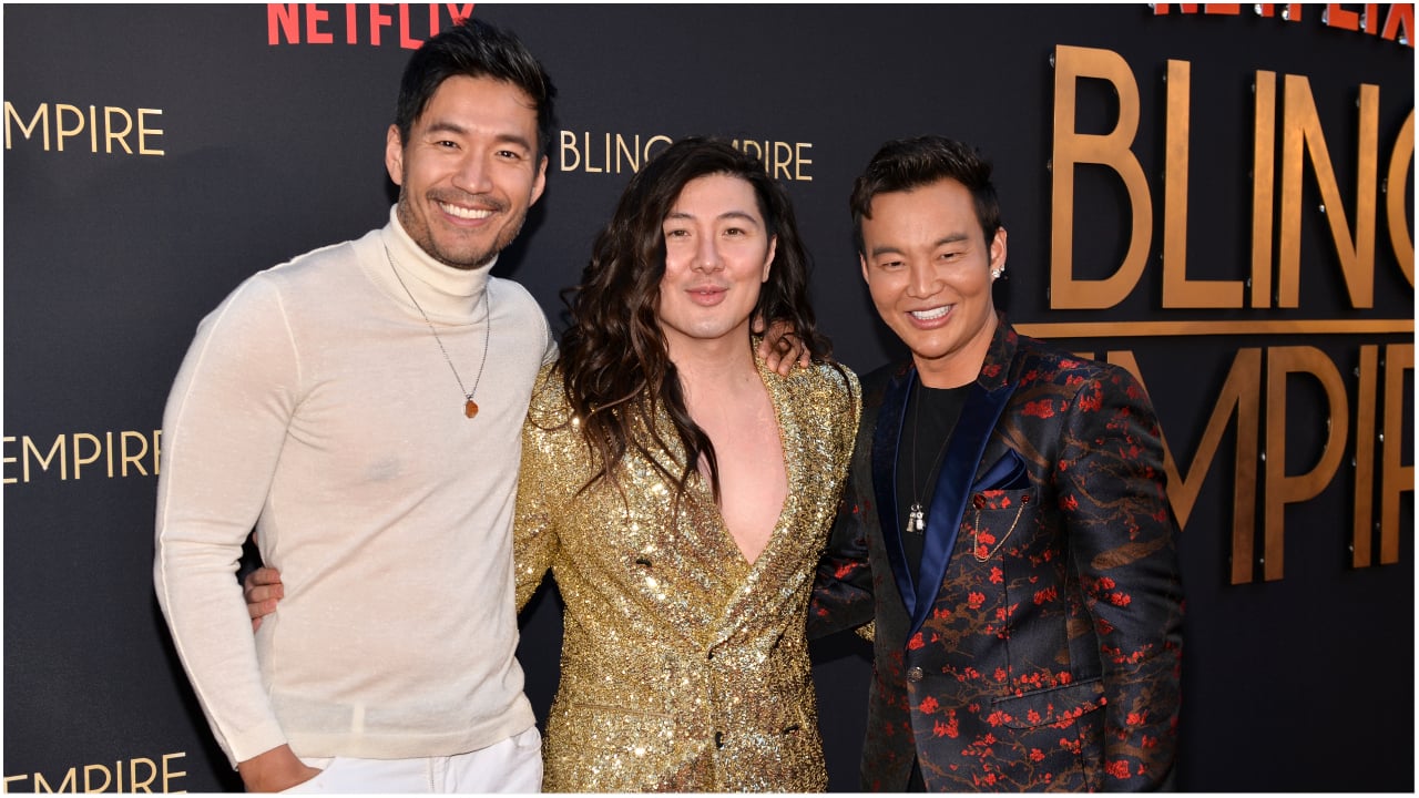 Kevin Kreider, Guy Tang, and Kane Lim standing together at the 'Bling Empire' Season 2 Netflix Event