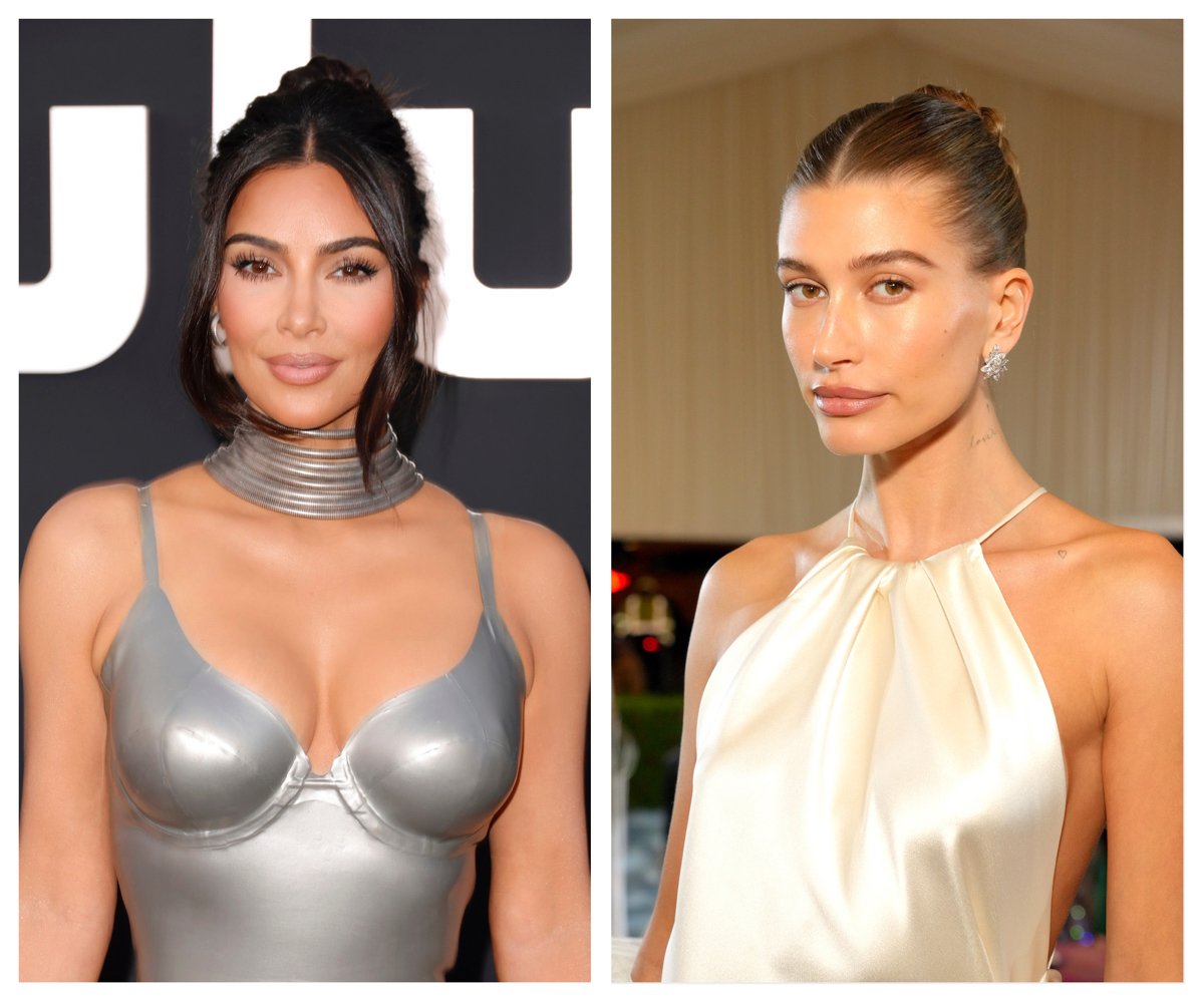 Side by side photos of Kim Kardashian and Hailey Bieber.