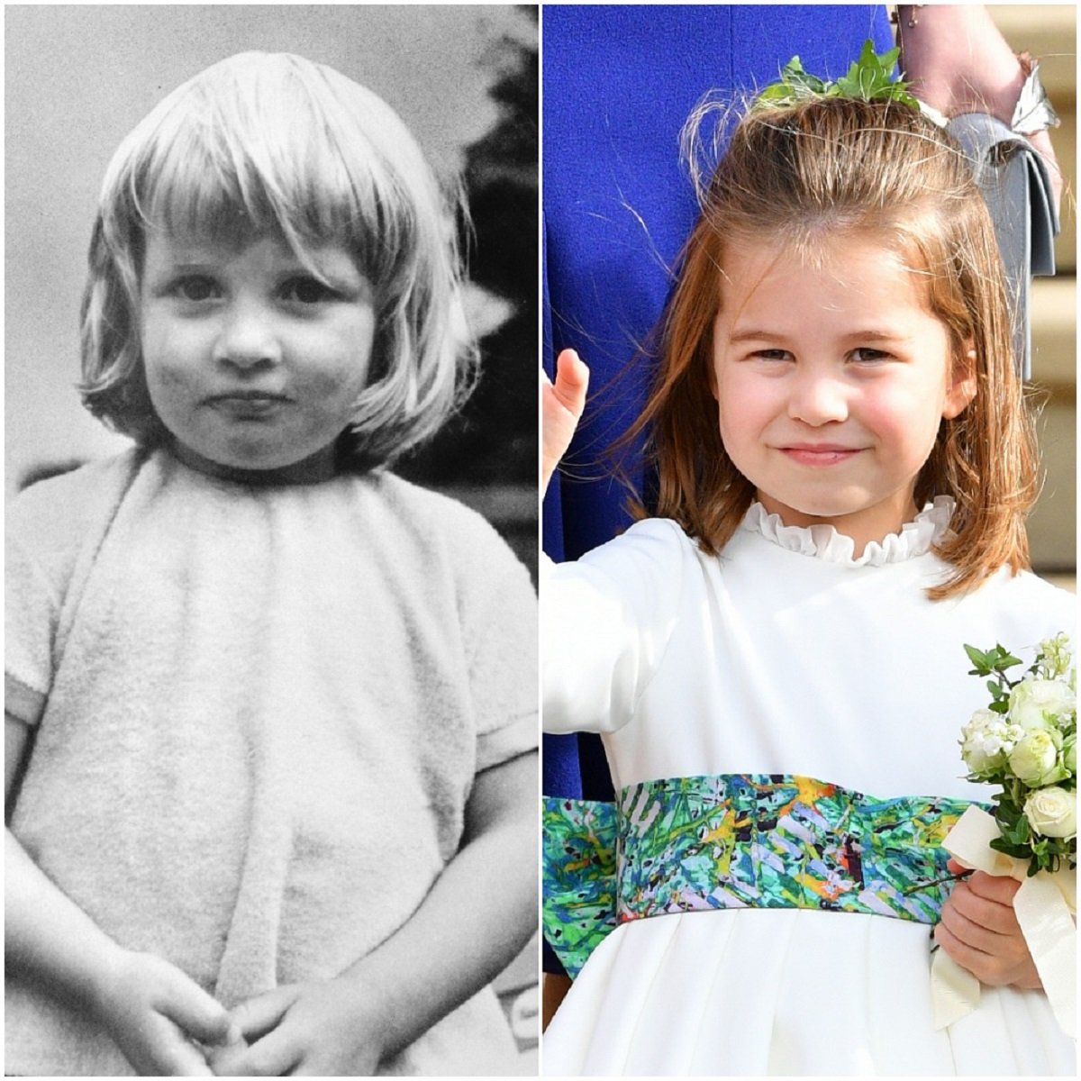 (L) A young Lady Diana Spencer standing outside Park House, Sandringham, (R) Princess Charlotte waving to fans after Princess Eugenie's wedding