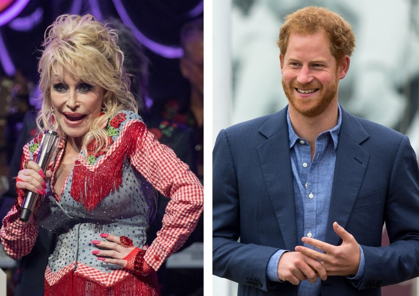(L): Dolly Parton, who said she wanted to marry Prince Harry, performs onstage during the 2022 SXSW Conference and Festival, (R): Prince Harry takes part in a training session during a celebration for the expansion of Coach Core