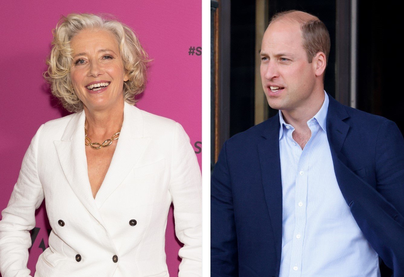 (L): Emma Thompson, who said Prince William rejected her kiss, attending a premiere at Sundance Film Festival, (R): Prince William leaving a museum after an official visit