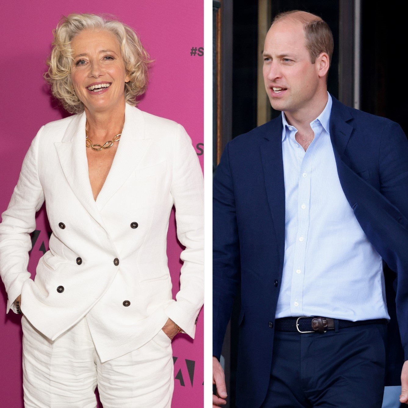 (L): Emma Thompson, who said Prince William rejected her kiss, attending a premiere at Sundance Film Festival, (R): Prince William leaving a museum after an official visit
