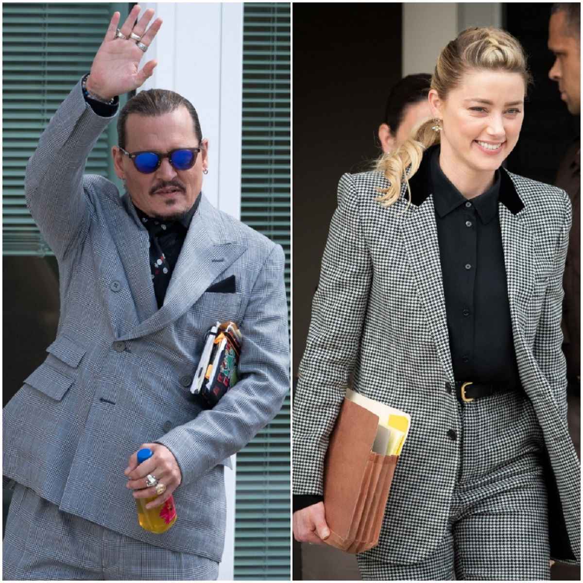 (L): Johnny Depp, whose career could bounce back, waves to his fans during a break outside court (R): Amber Heard, whose career could be over, departs at the close of the days of testimony