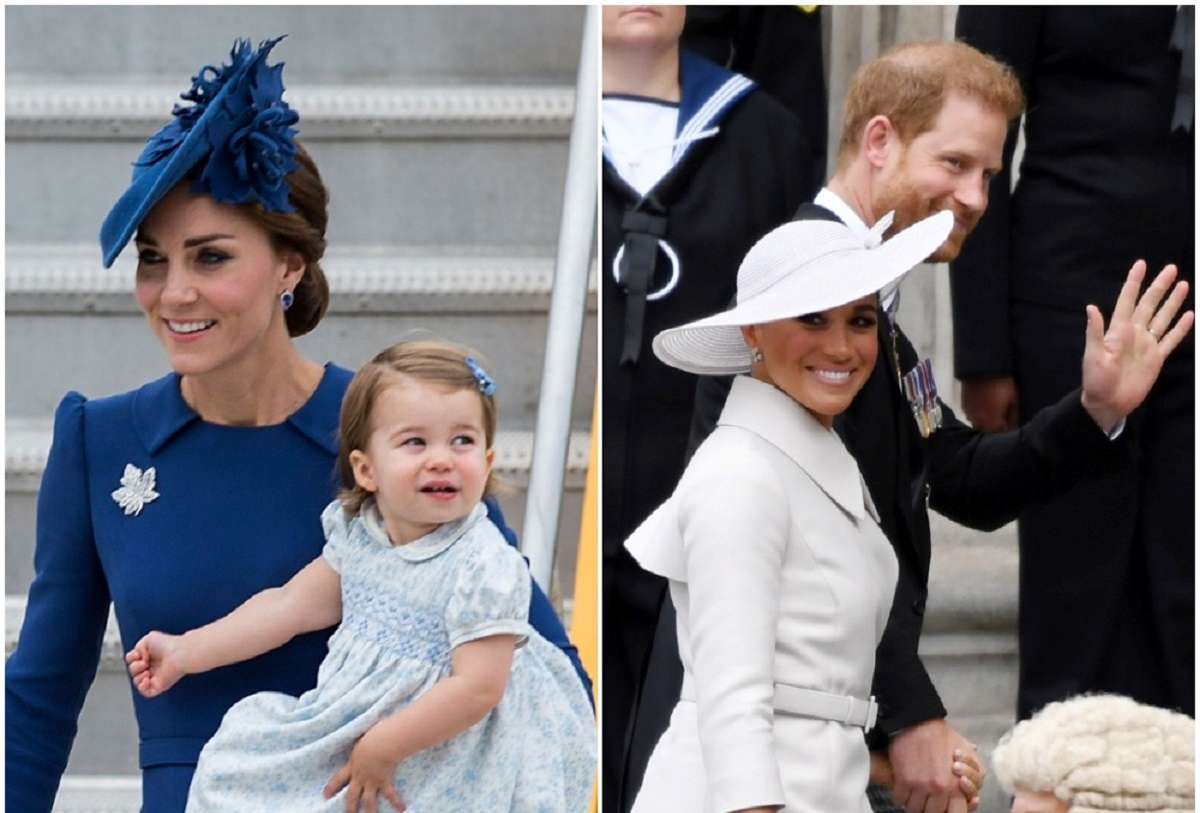 (L): Kate Middleton holding Princess Charlotte, who some think looks identical to Lilibet, as they arrive at an airport in Canada, (R): Prince Harry and Meghan Markle arrive at the National Service of Thanksgiving at St Paul's Cathedral