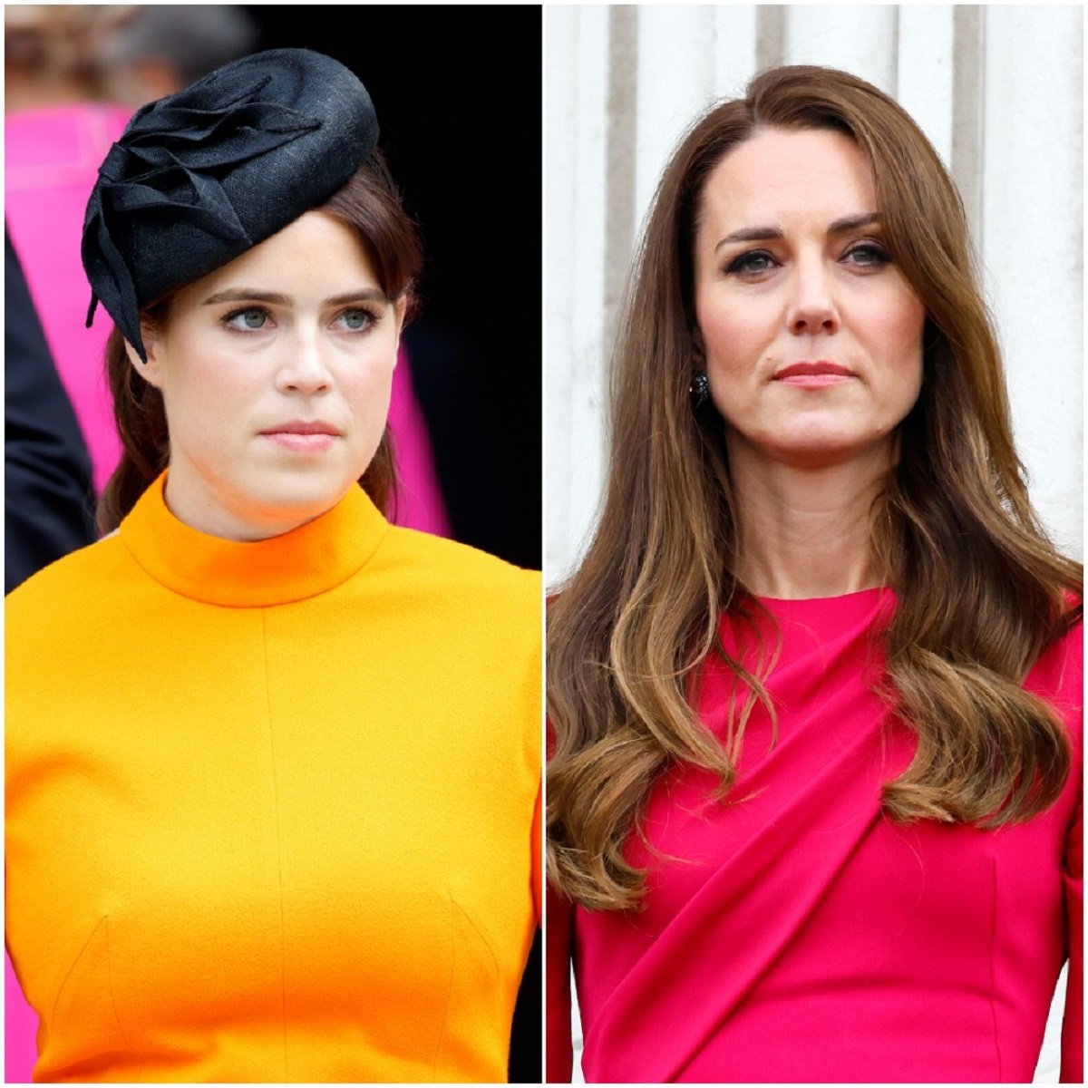 (L): Kate Middleton standing on the balcony of Buckingham Palace following the Platinum Pageant (R): Princess Eugenie, who cropped Kate Middleton out of a picture, attending a National Service of Thanksgiving for the queen