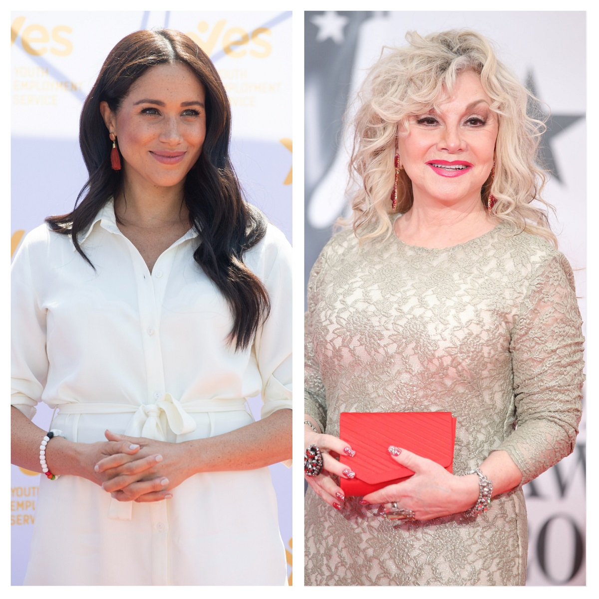 (L): Meghan Markle during official visit to South Africa, (R): Dolly Parton’s sister Stella Parton, who defended Meghan against the British press, at the Brit Awards