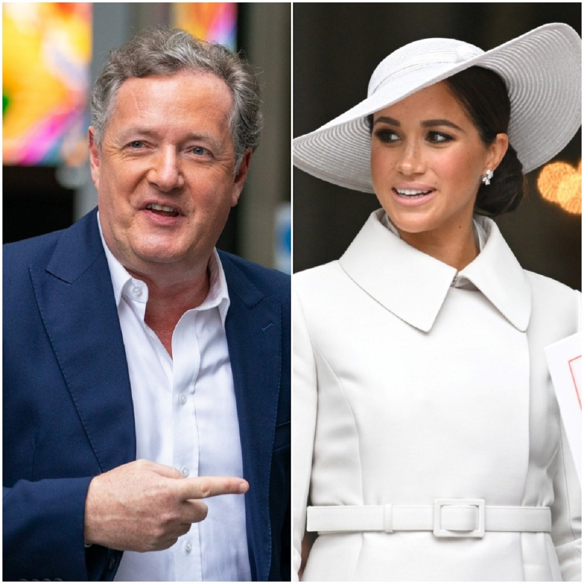(L): Piers Morgan, who has mocked Meghan Markle by using photos of Prince Louis, is seen leaving BBC Broadcasting House, (R) Meghan Markle dressed in white at the National Service of Thanksgiving