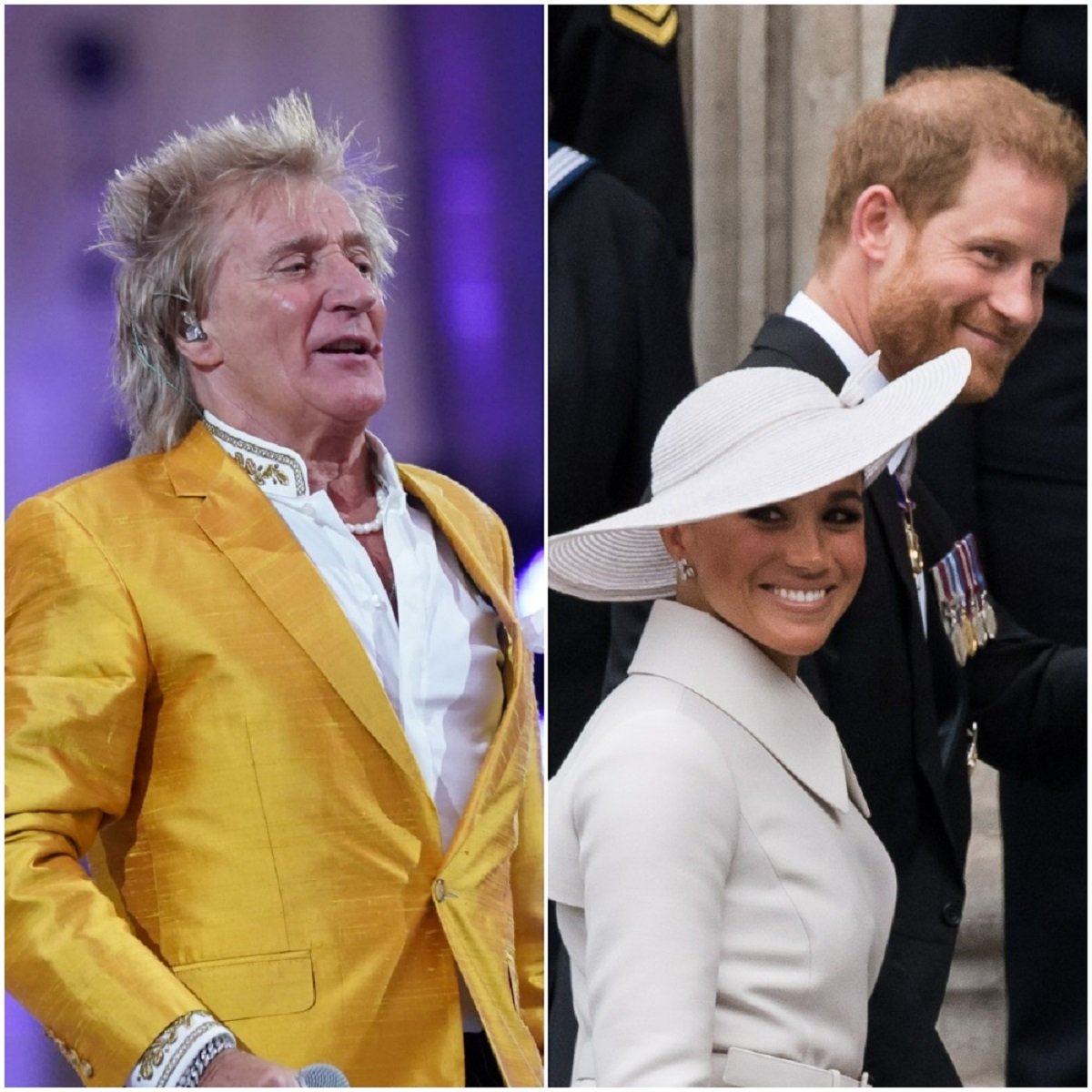 (L): Rod Stewart, who said he was 'disappointed' by Prince Harry and Meghan, performs during the Platinum Jubilee Party at the Palace, (R): Prince Harry and Meghan Markle attend Service of Thanksgiving for the queen