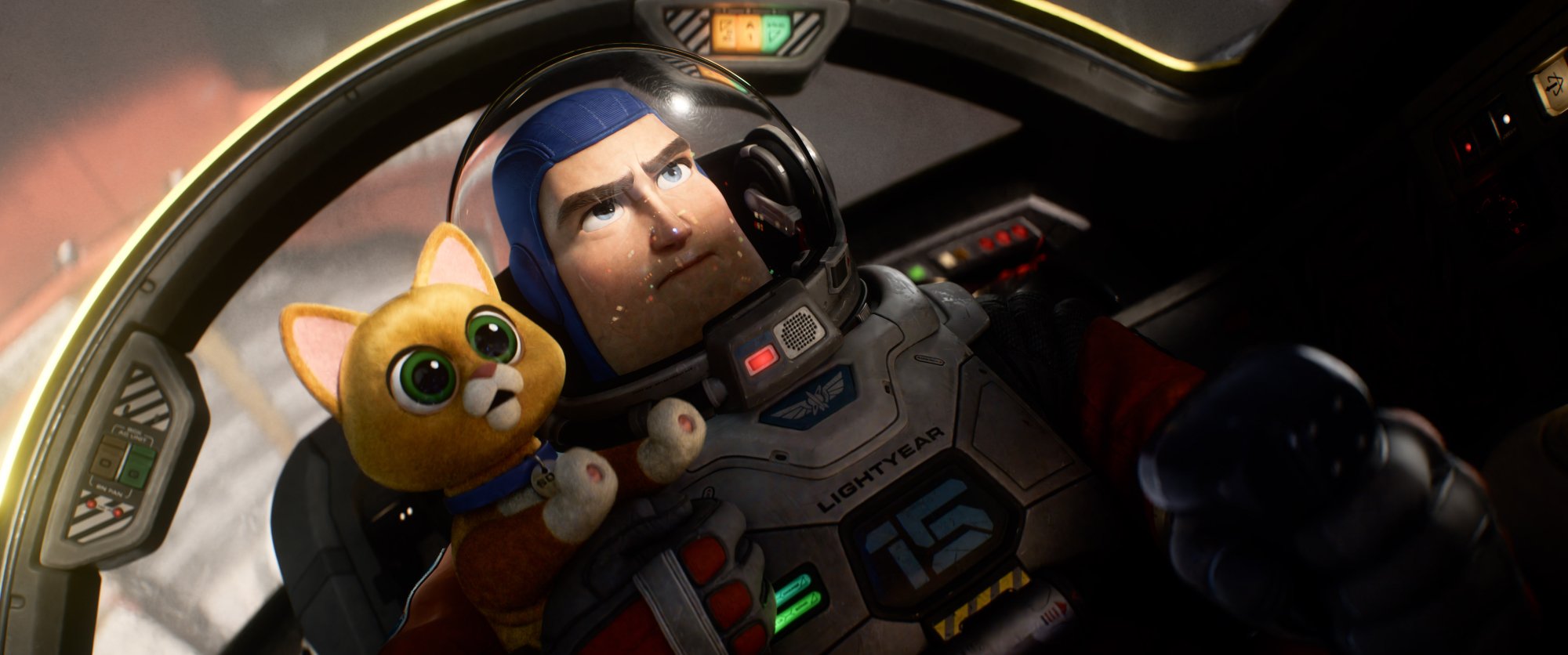 'Lightyear' Sox (voiced by Peter Sohn) and Buzz Lightyear (voiced by Chris Evans) looking determined in the cockpit of a jet