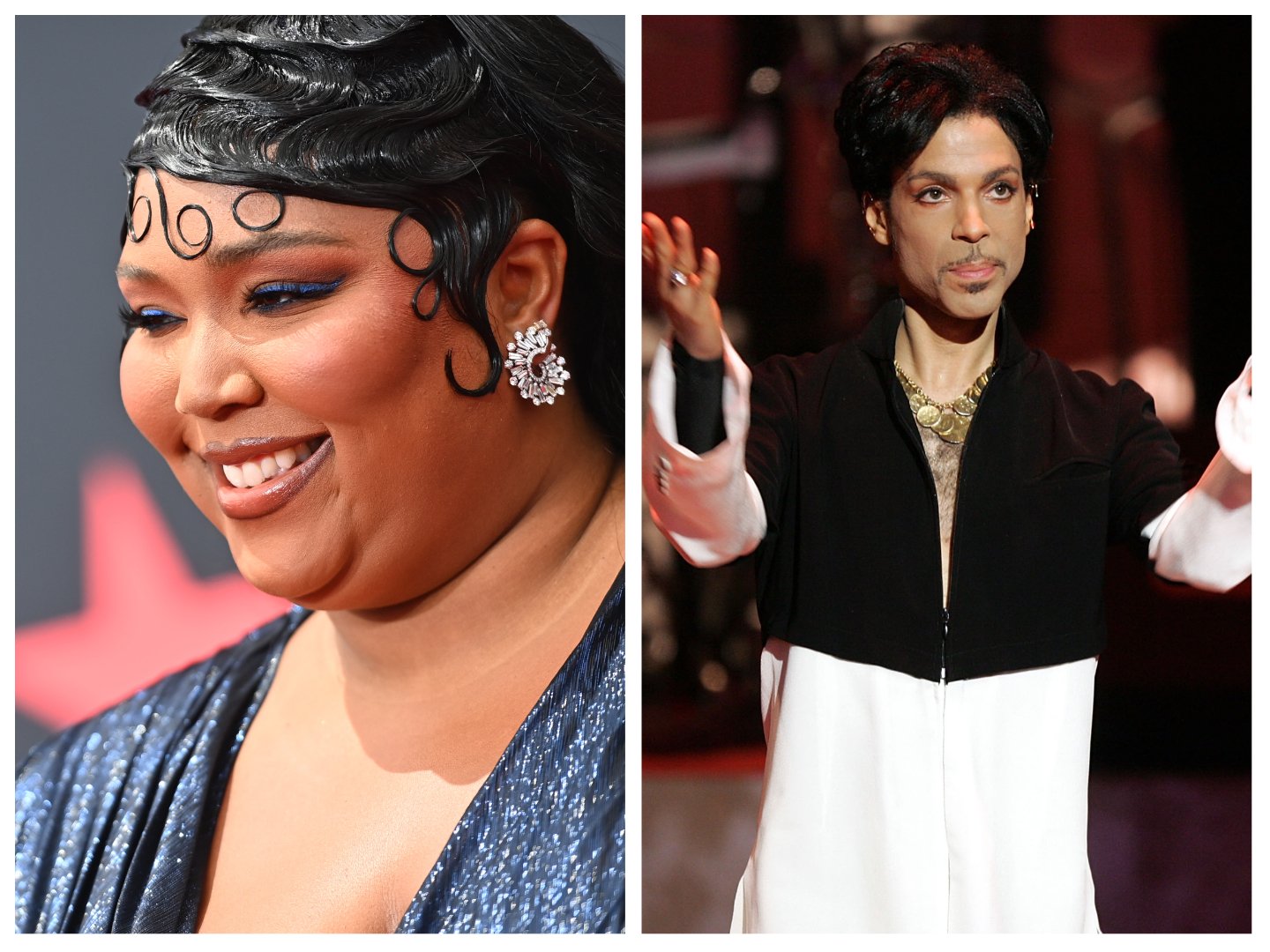 Lizzo, smiling in a blue dress, and Prince, wearing a black and white outfit.