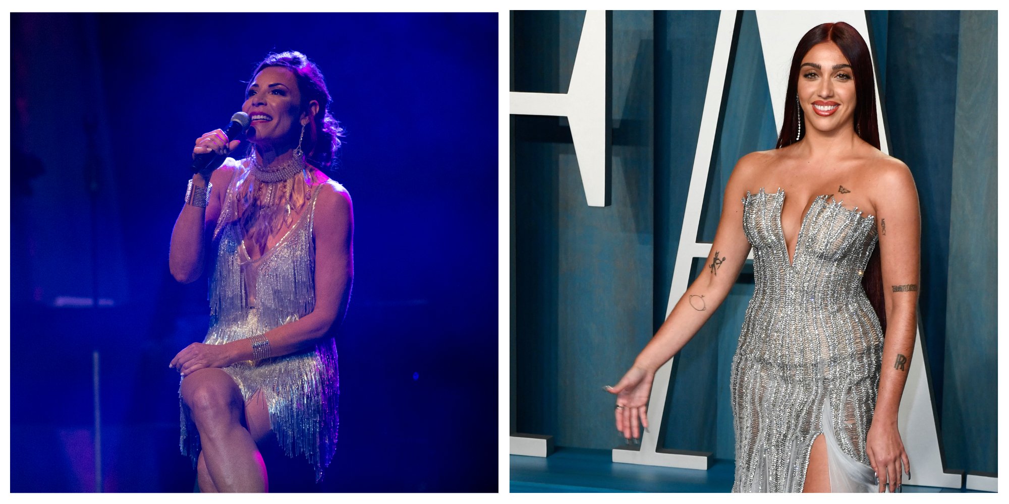 Luann de Lesseps sits on a stool with a microphone and sings during her cabaret show. Lourdes Leon on the red carpet and poses for a photo