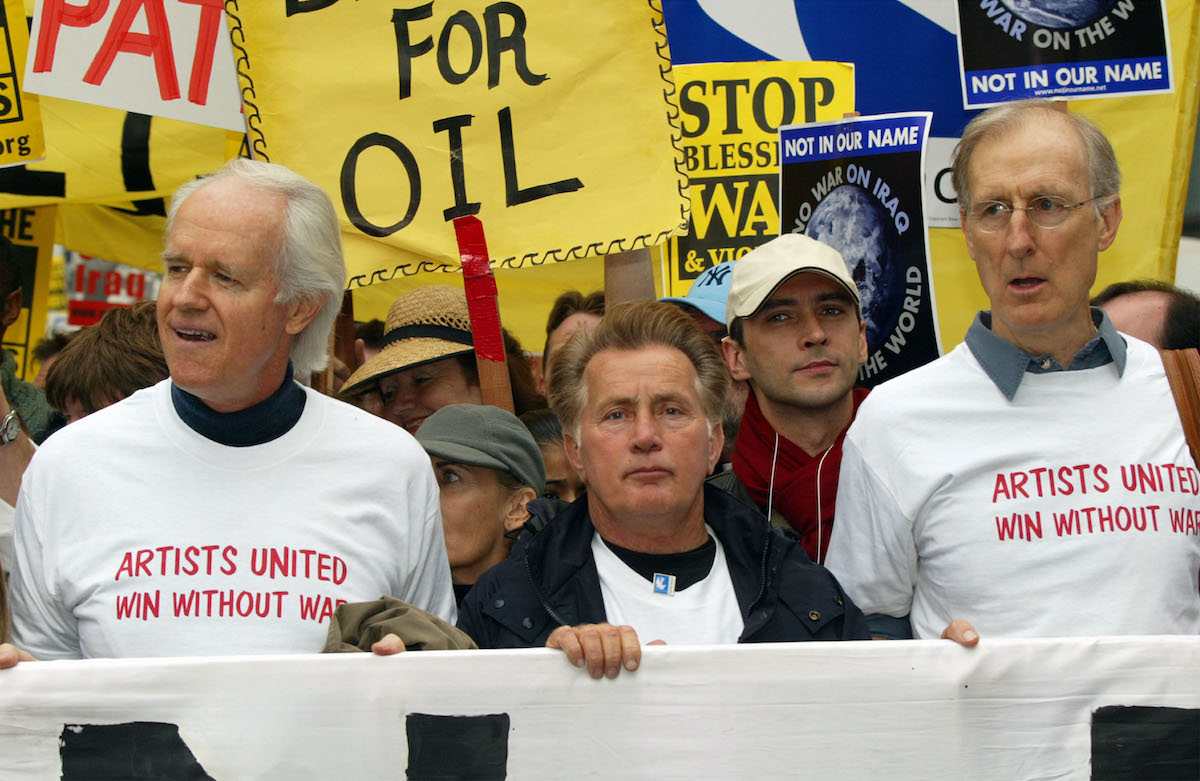 Actors Mike Farrell, Martin Sheen and James Cromwell participate in an anti-war demonstration on Hollywood Boulevard in 2003
