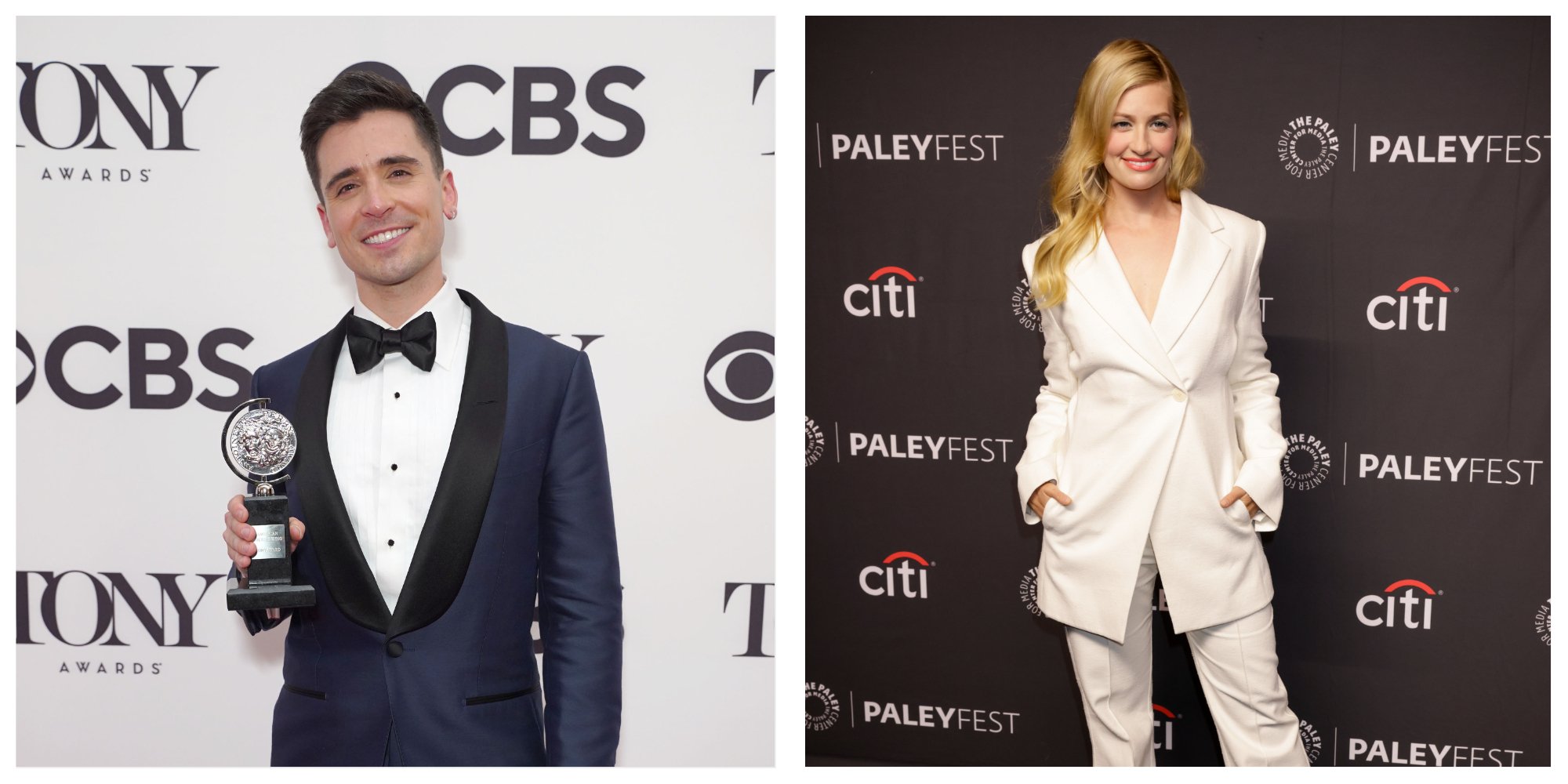 Matt Doyle holds his Tony during The 75th Annual Tony Awards. Beth Behrs walks the red carpet and smiles for a photo