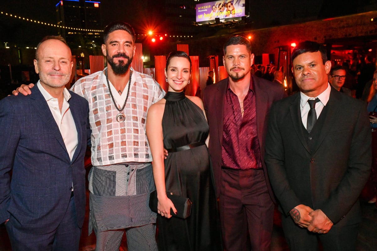 Mayans MC Season 4 cast members JD Pardo, Clayton Cardenas, and Carla Baratta pose for a photo with Elgin James and John Landraf. 