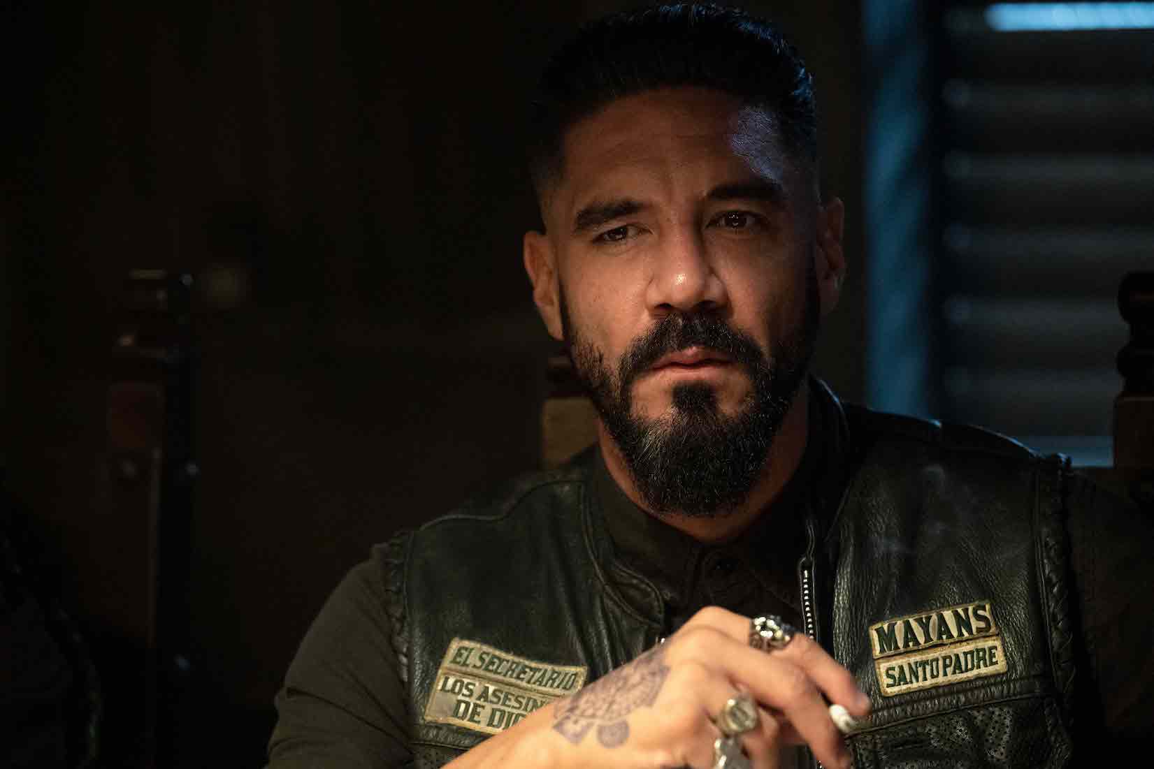 A close-up of Angel Reyes in shadows in the 'Mayans MC' Season 4 finale