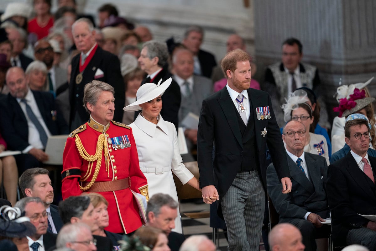 Meghan Markle and Prince Harry walk up the aisle at St. Paul's Cathedral during the Platinum Jubilee National Service of Thanksgiving