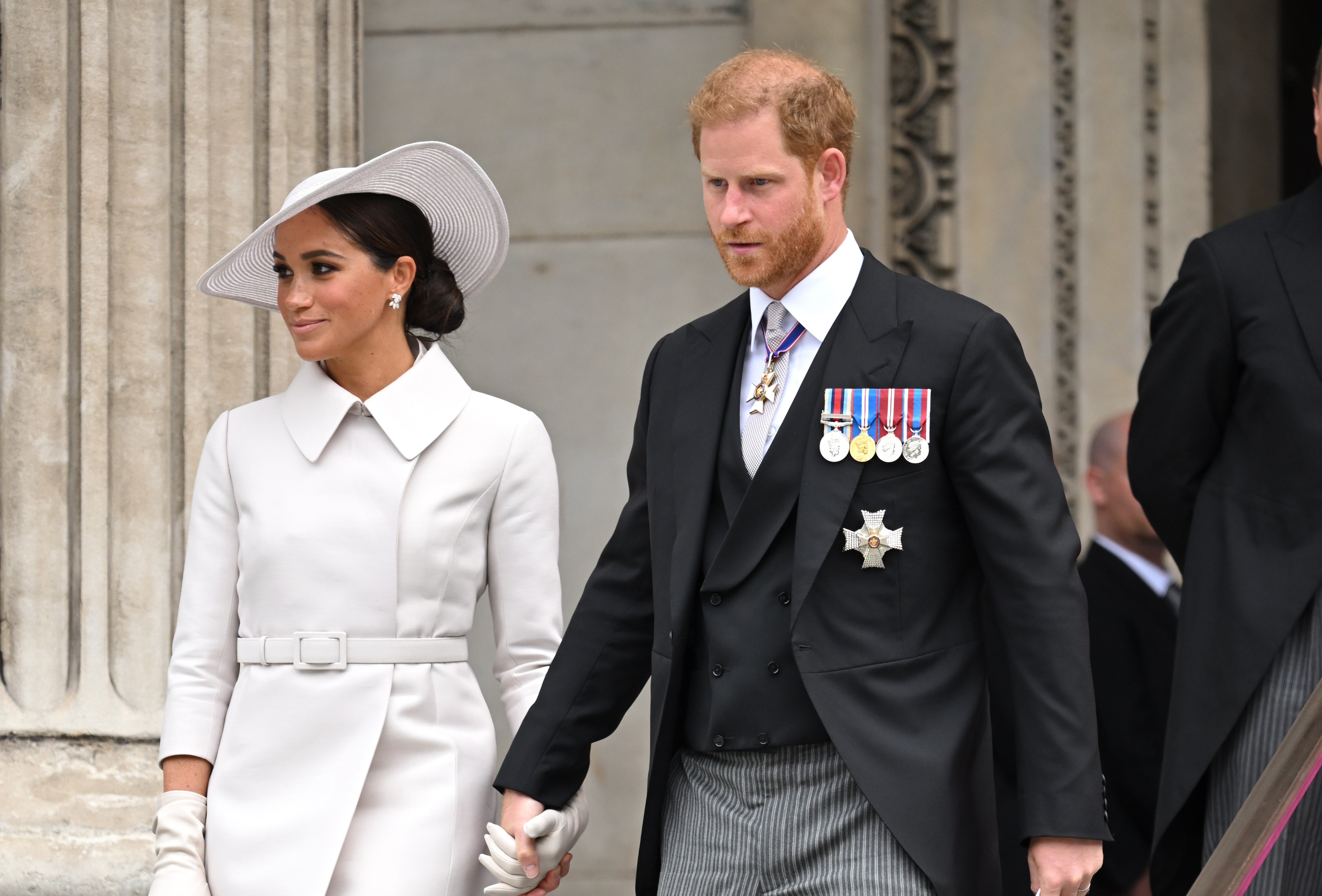 Meghan Markle and Prince Harry, who skipped the Jubilee luncheon, leaving the National Service of Thanksgiving at St Paul's Cathedral