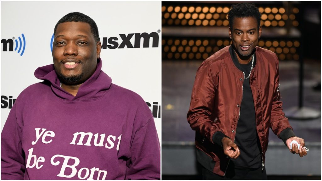 (l-r) Michael Che at SiriusXM studios in New York; Chris Rock hosting 'Saturday Night Live' in October 2020. Che revealed to Howard Stern what the most annoying part of the aftermath of Rock's Oscars slap was.