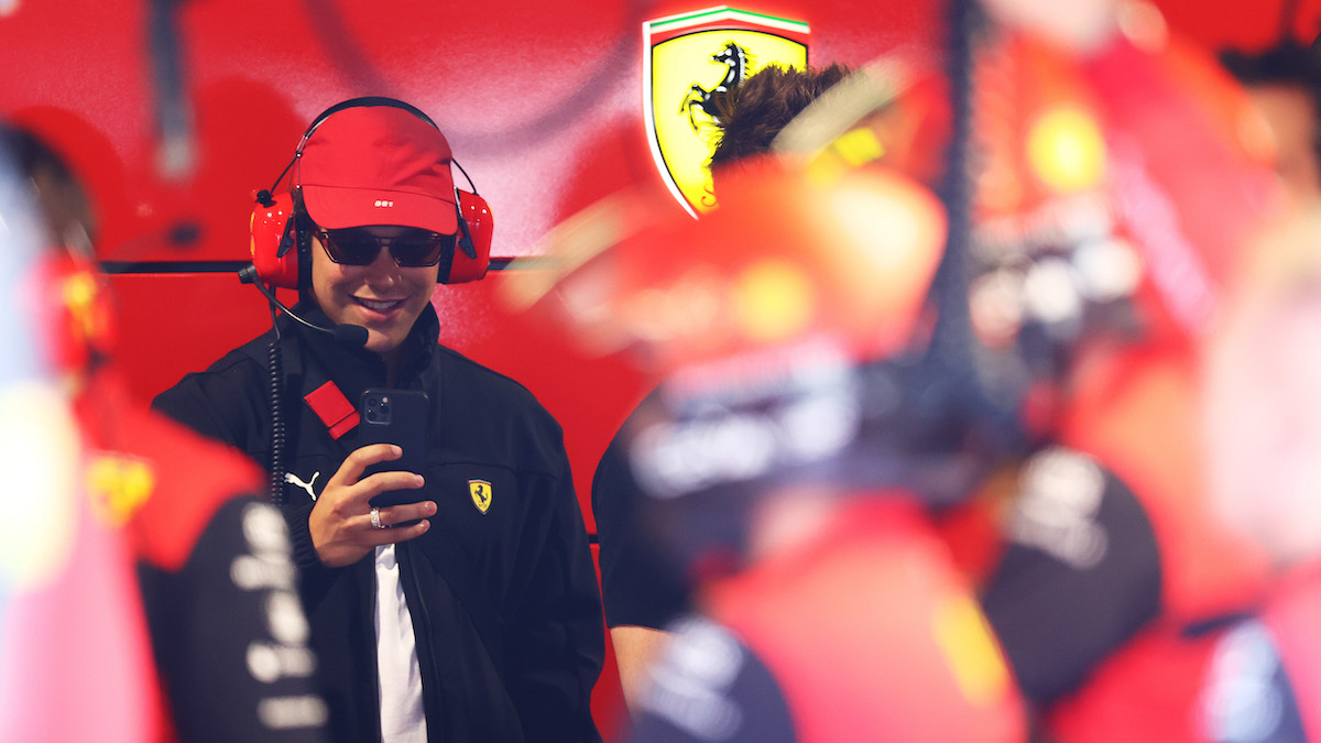 Nicholas Hoult looks on from the Ferrari garage during qualifying ahead of the F1 Grand Prix of Miami in 2022