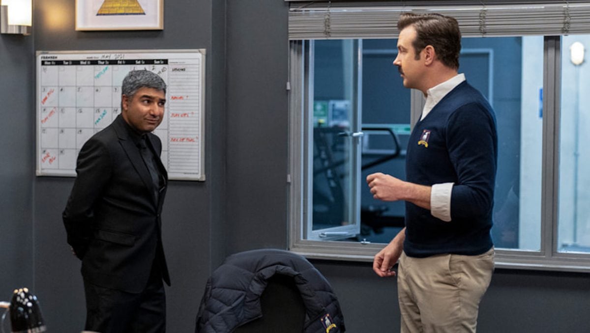 Nick Mohammed as Nate confronts Jason Sudeikis as Ted Lasso in season 2 before season 3