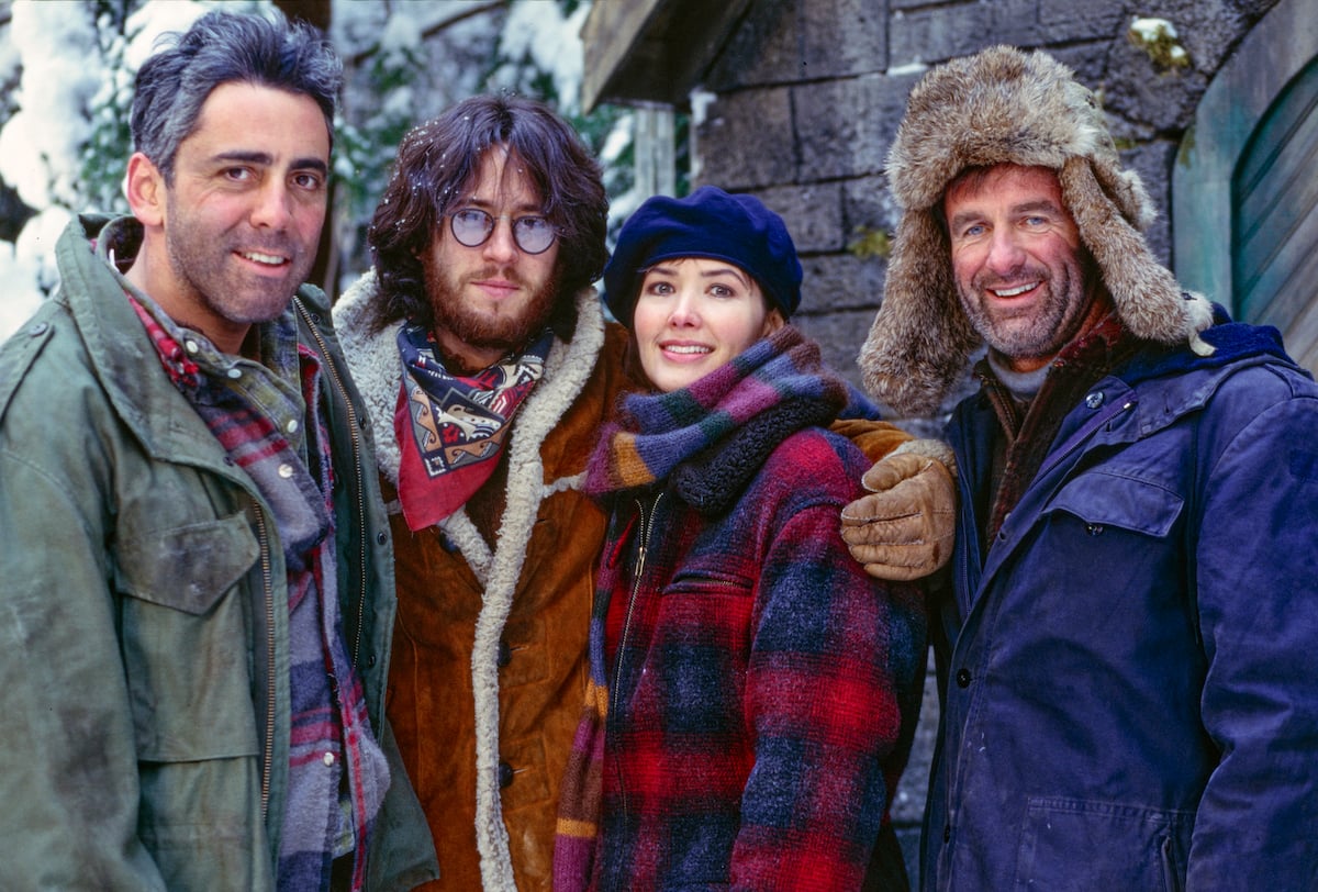 Adam Arkin (as Adam), Rob Morrow (as Dr. Joel Fleischman), Janine Turner (as Maggie O'Connell) and another cast member film the TV series Northern Exposure