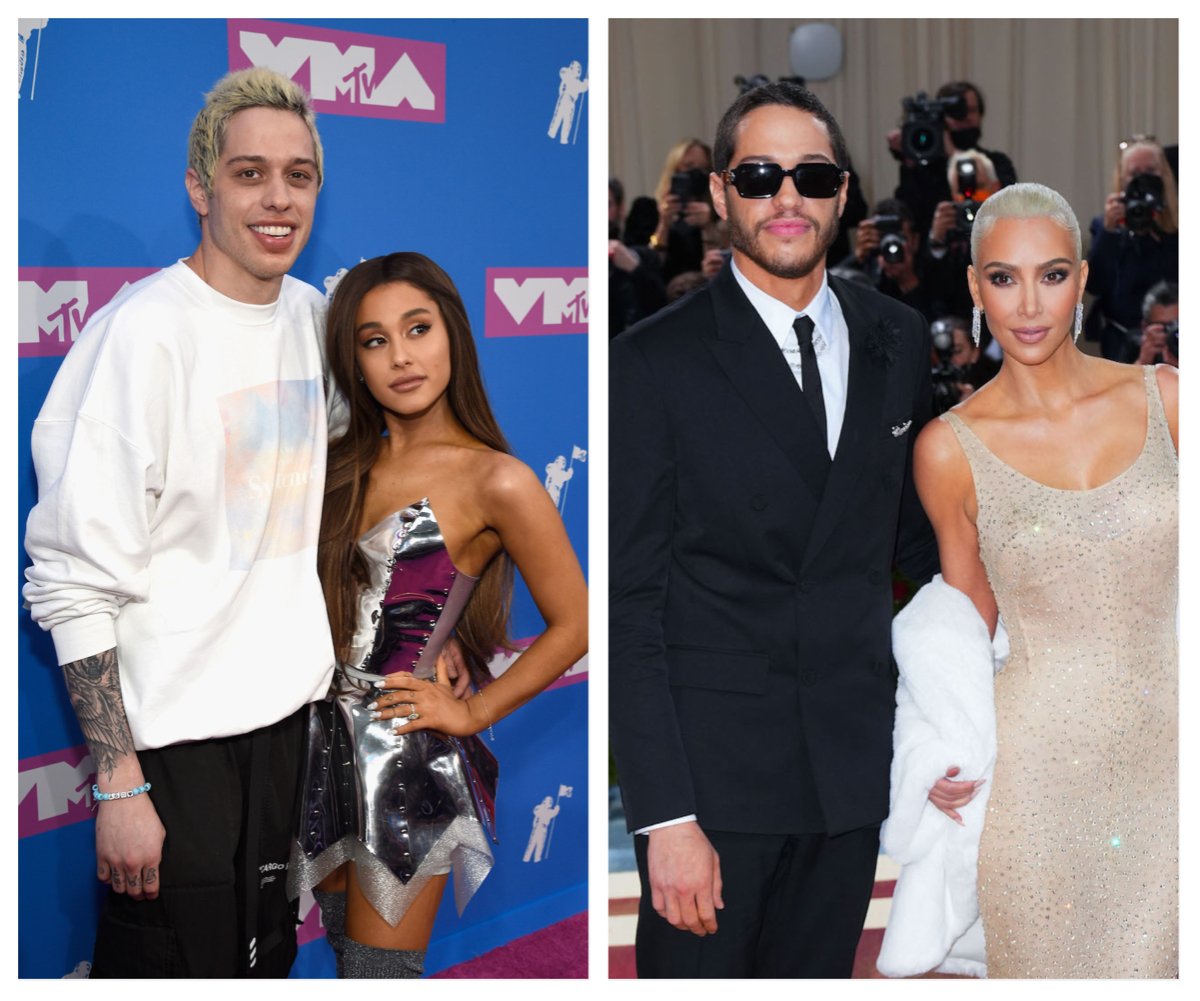 Side by side photos of Pete Davidson with Ariana Grande and Pete Davidson with Kim Kardashian.