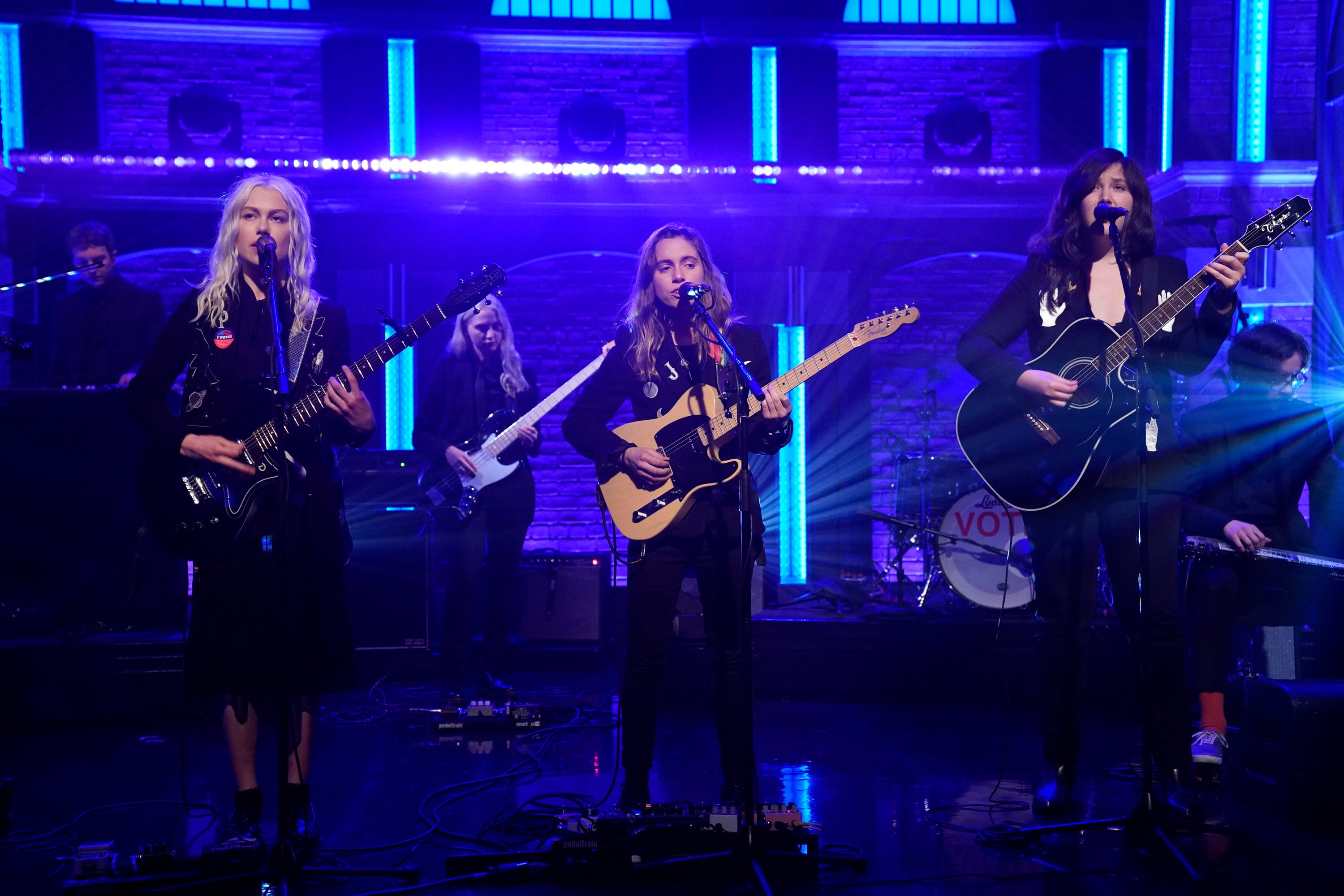 Phoebe Bridgers, Julien Baker and Lucy Dacus of boygenius perform on 'Late Night with Seth Meyers'