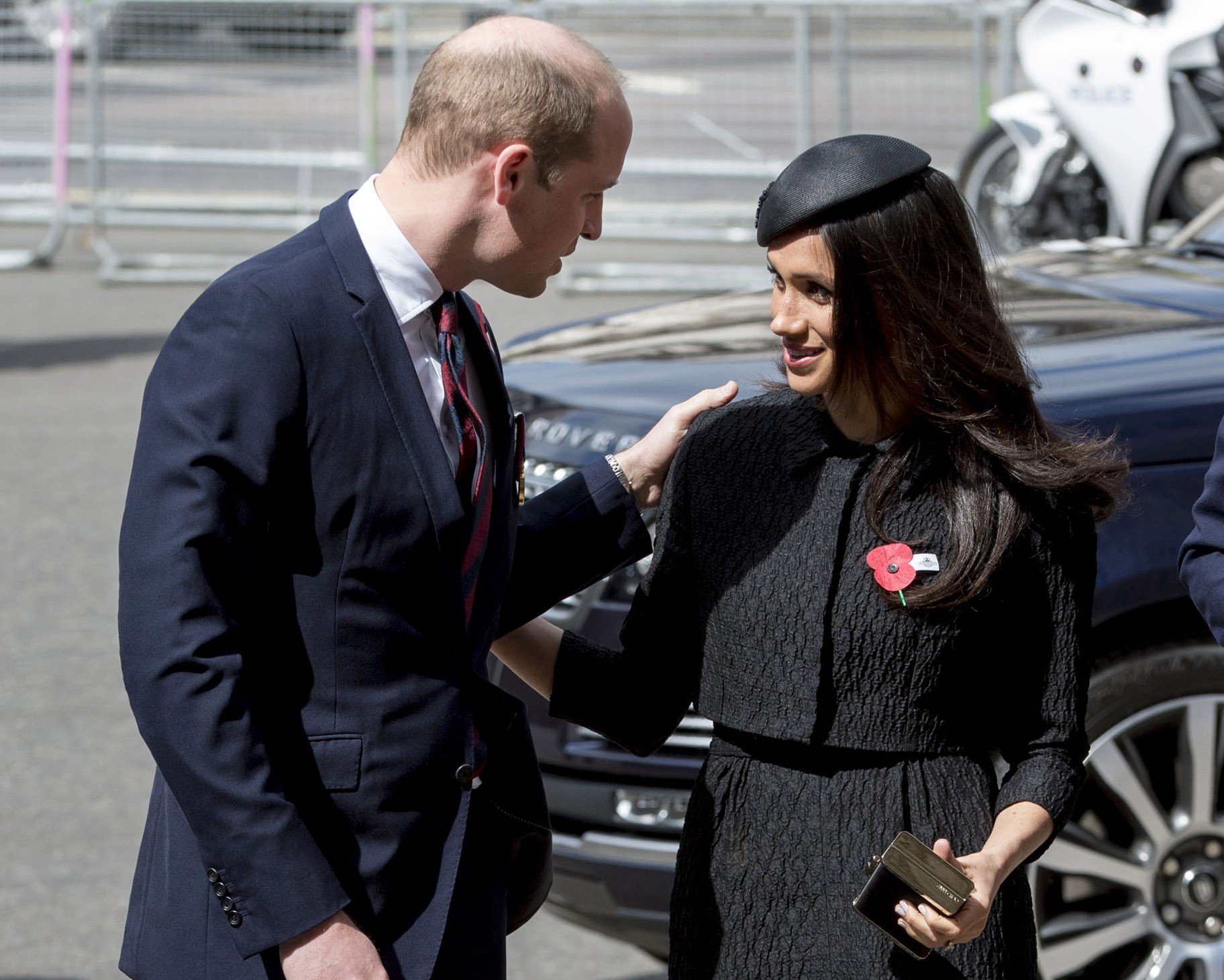 Prince William, who is changing things up now after Meghan Markle's plea, greets the duchess as they attend an Anzac Day service