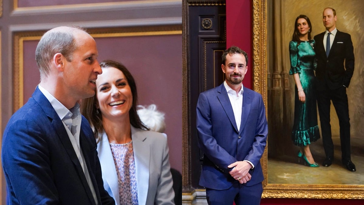 Prince William and Kate Middleton (L) view their first official joint portrait, painted by Jamie Coreth (R)