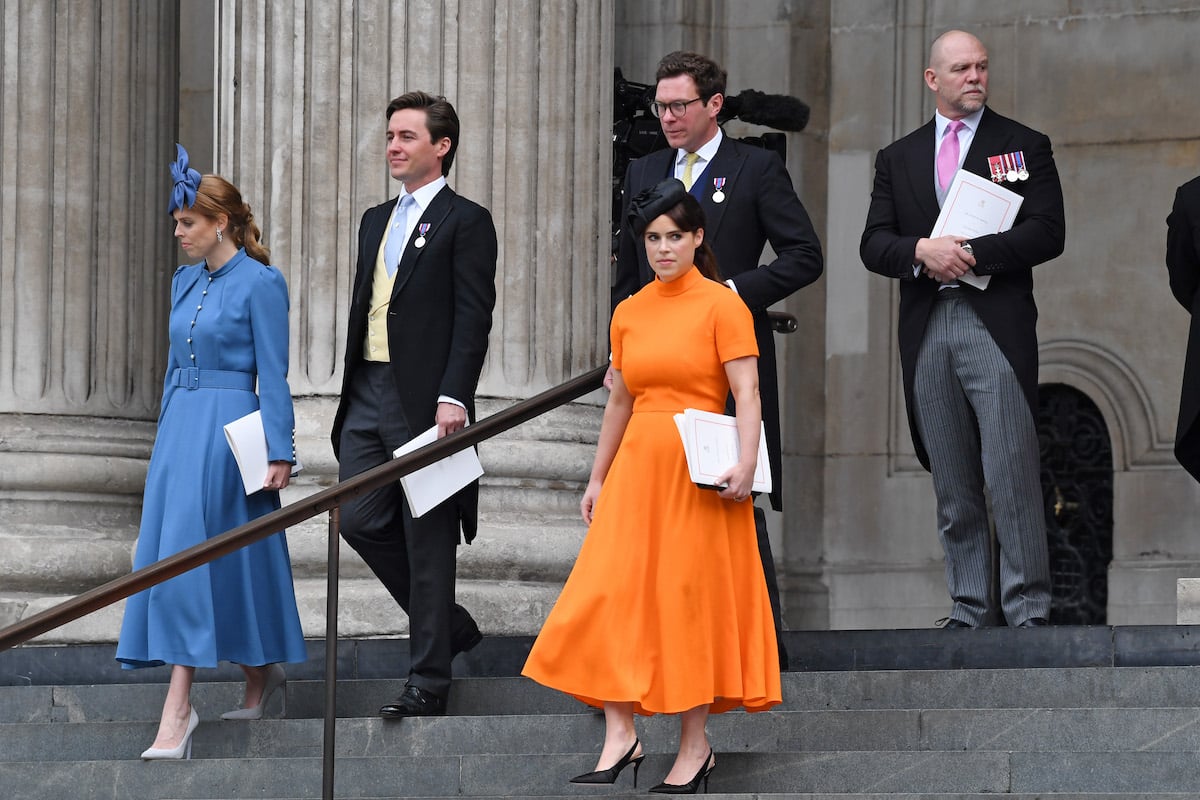 Princess Beatrice, Edoardo Mapelli Mozzi, Jack Brooksbank, Princess Eugenie, who shared photos from Trooping the Colour on Instagram, descend steps along with Mike Tindall