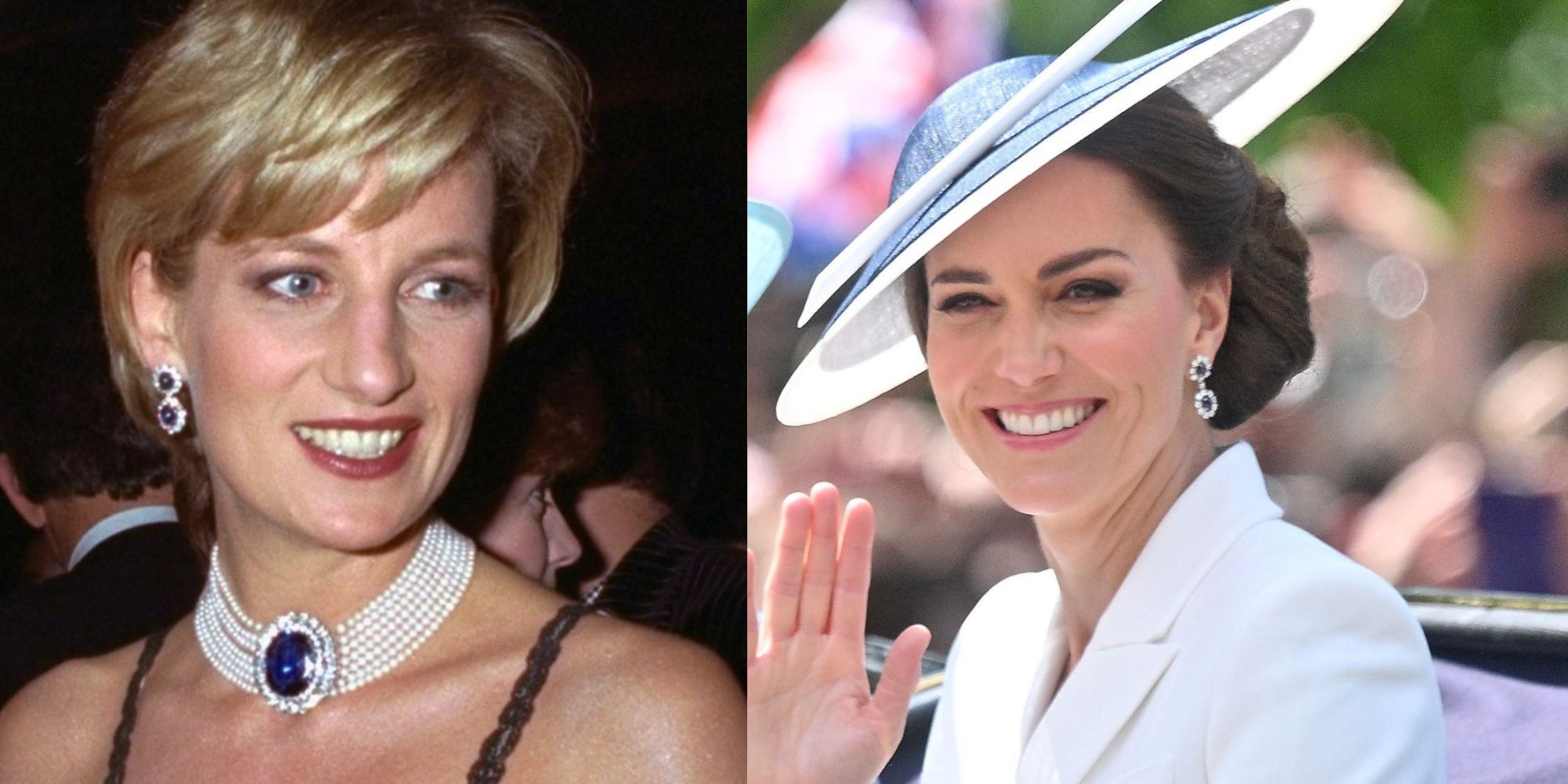 Princess Diana and Kate Middleton in side by side images wearing the same earrings.