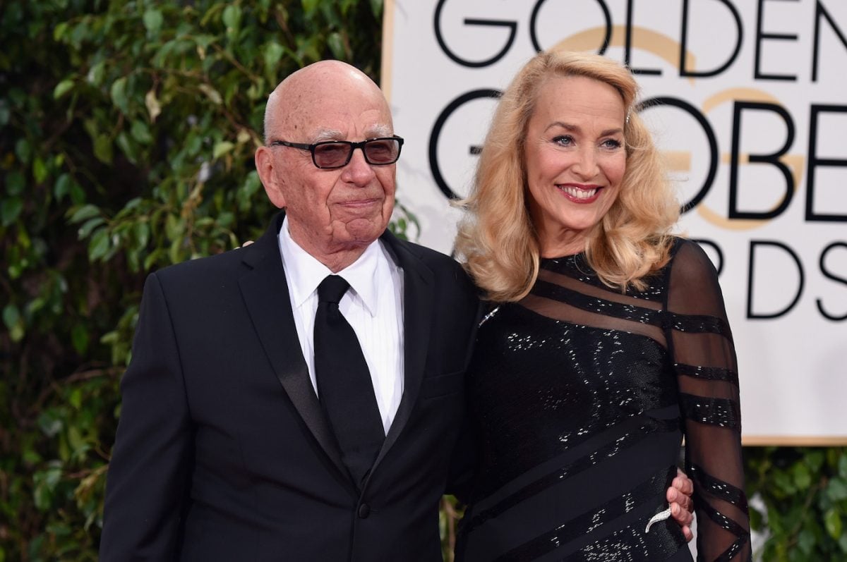 Rupert Murdoch and Jerry Hall smiling together at the Golden Globes in 2016