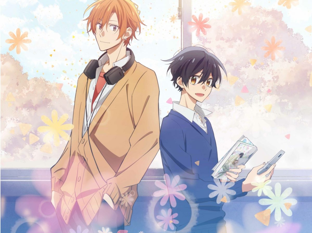 Sasaki and Miyano in ket art for the LGBTQ anime. They're standing next to one another, and there's a window with trees and flowers behind them.