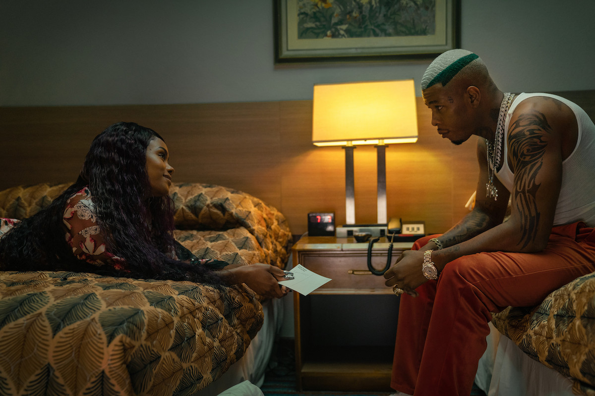 Shannon Thornton as Keyshawn aka Miss Mississippi and J. Alphonse Nicholson as Lil Murda chat with each other from a hotel room in 'P-Valley'