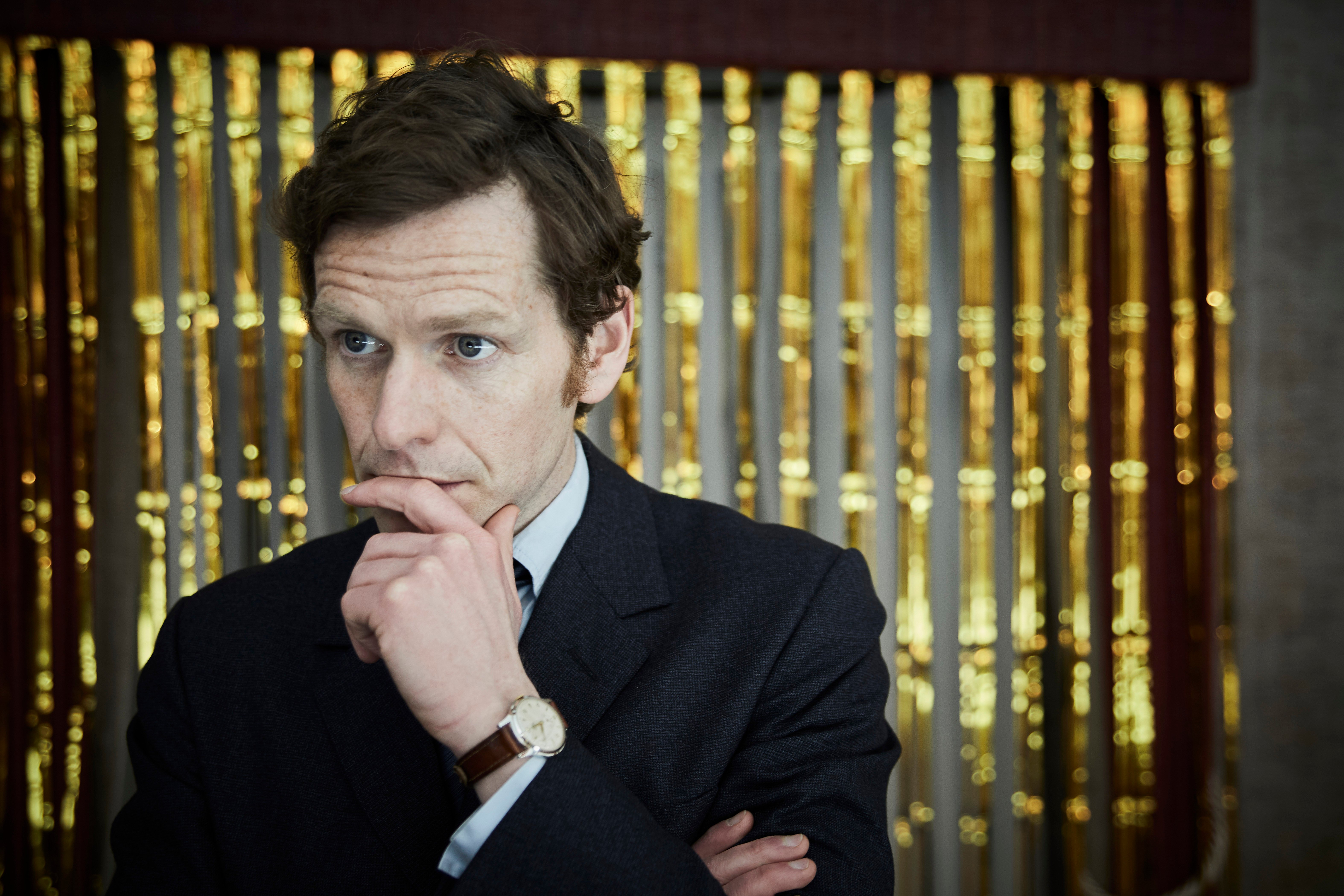 Shaun Evans as Endeavour Morse with his hand on his chin in 'Endeavour' Season 8 on PBS