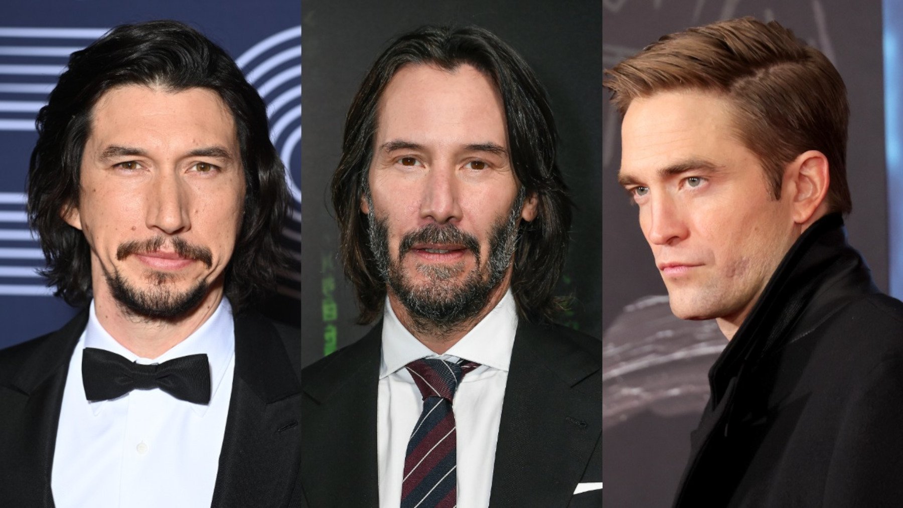 L-R: Adam Driver, Keanu Reeves, and Robert Pattinson, all of whom fans have suggested could voice Shadow in 'Sonic the Hedgehog 3.' Driver is wearing a black suit and bowtie, Reeves is wearing a white shirt and black suit, and Pattinson is wearing a black coat.