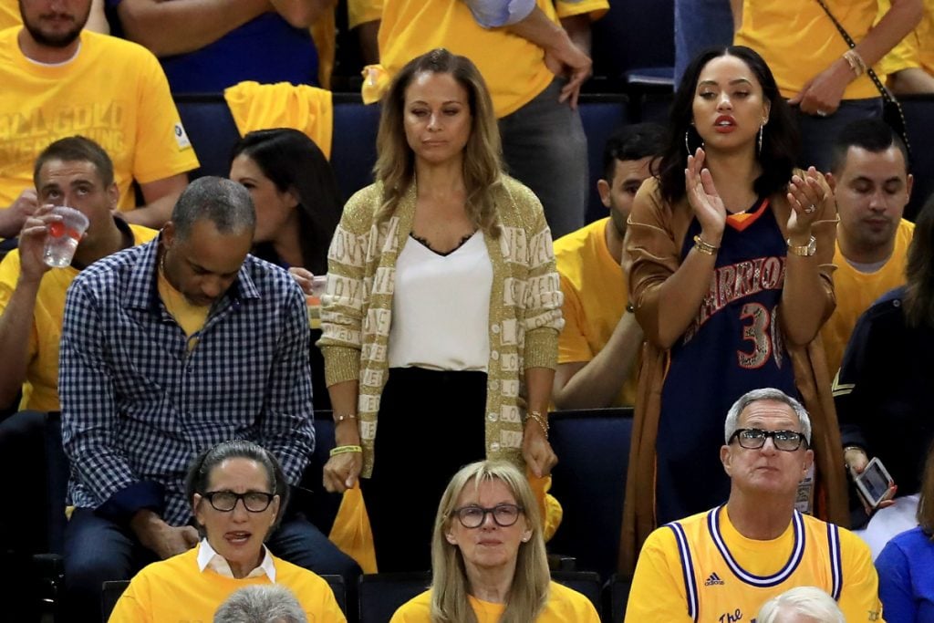 Steph Curry’s parents Dell and Sonya Curry sit with his wife Ayesha Curry in the stands during Game 5 of the 2017 NBA Finals between the Golden State Warriors and the Cleveland Cavaliers at ORACLE Arena on June 12, 2017