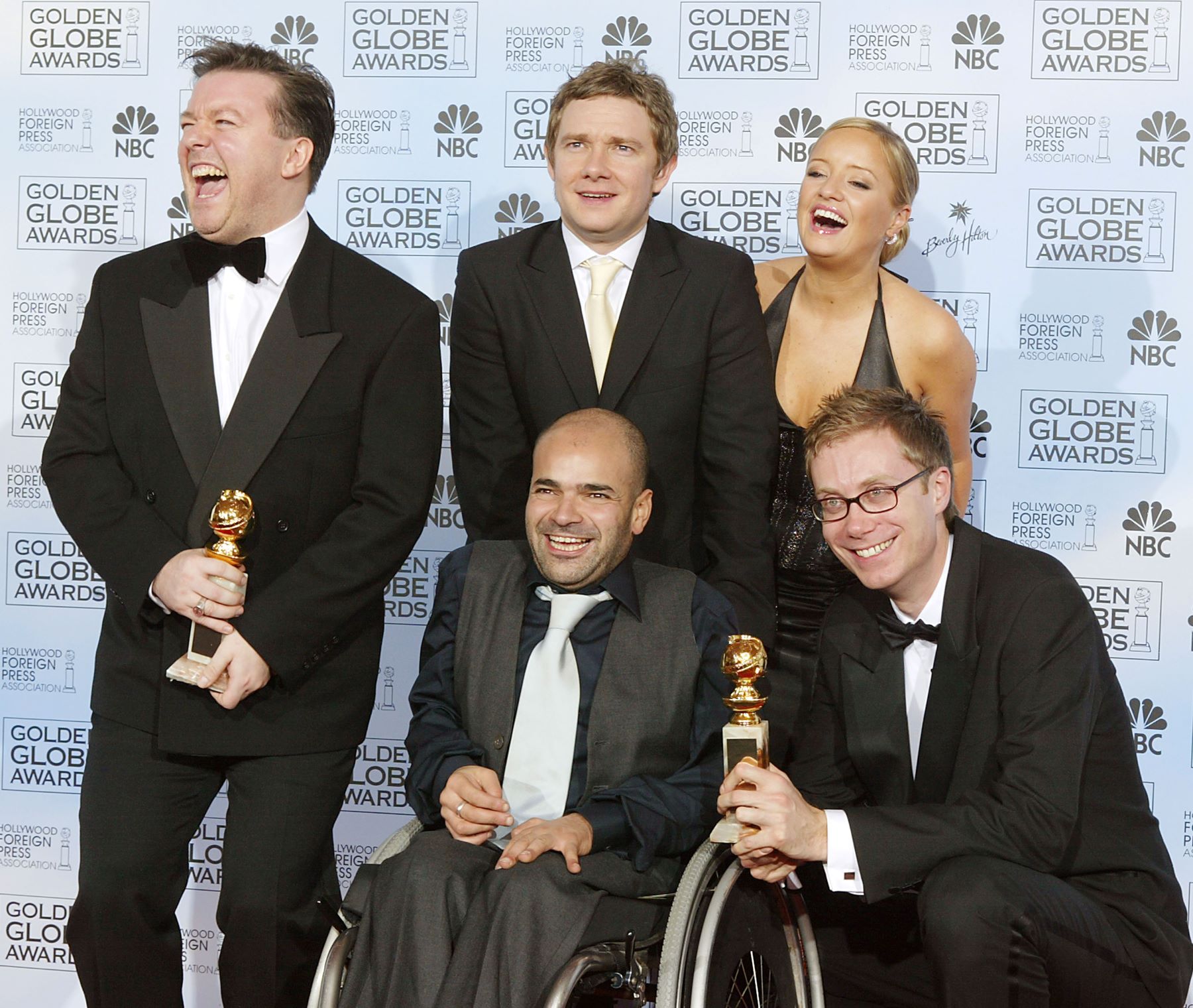 Stephen Merchant and the cast of 'The Office' after winning the Golden Globe for the Best Television Series