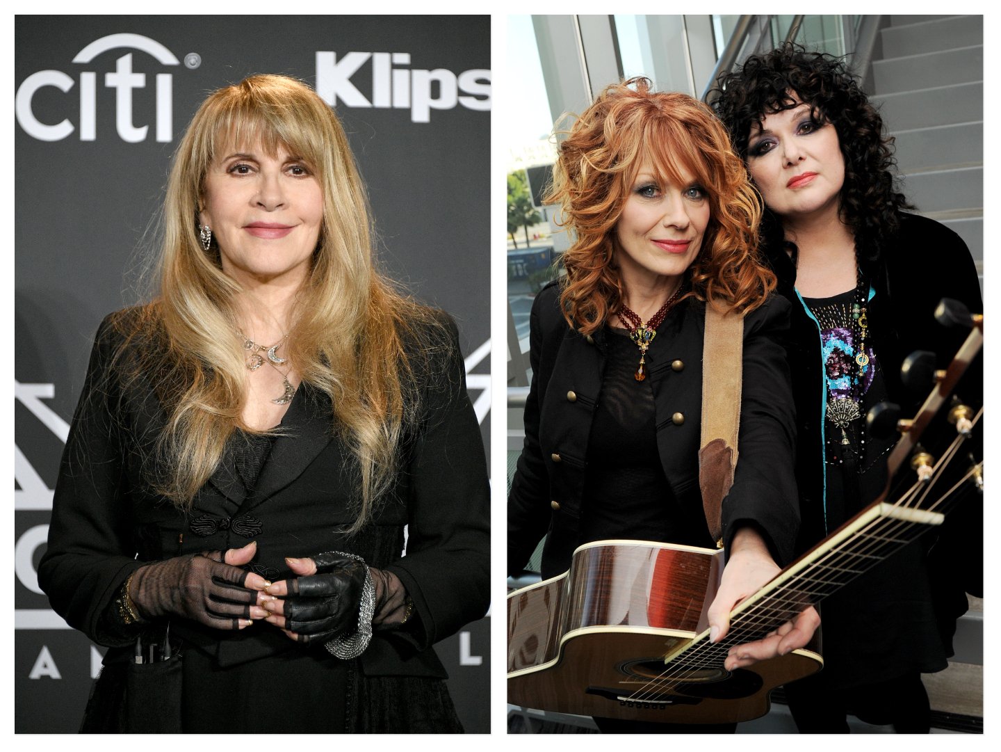 Stevie Nicks wears a black dress and black fingerless gloves and Ann and Nancy Wilson of Heart wear black and hold a guitar.